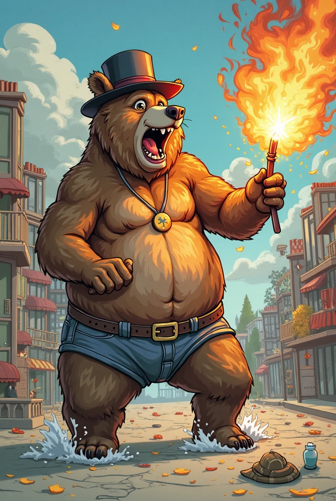 (masterpiece, best quality:1.1),the BEAR,Wild bear wearing a bikini and straw hat and sunglasses,Stunned,cobblestone basement,Glowing magic-circle drawn on the ground, smoke,