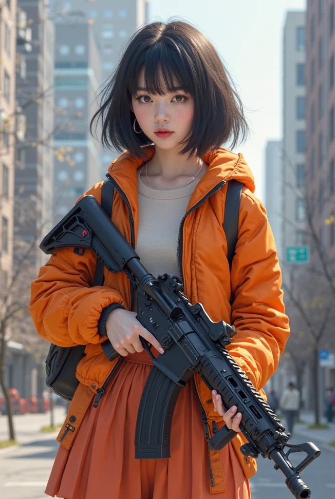 1人の女性、Bra top under camouflage pattern hoodie、head phone、short-cut、Brown hair、In the street、Top image quality、drooing eyes、