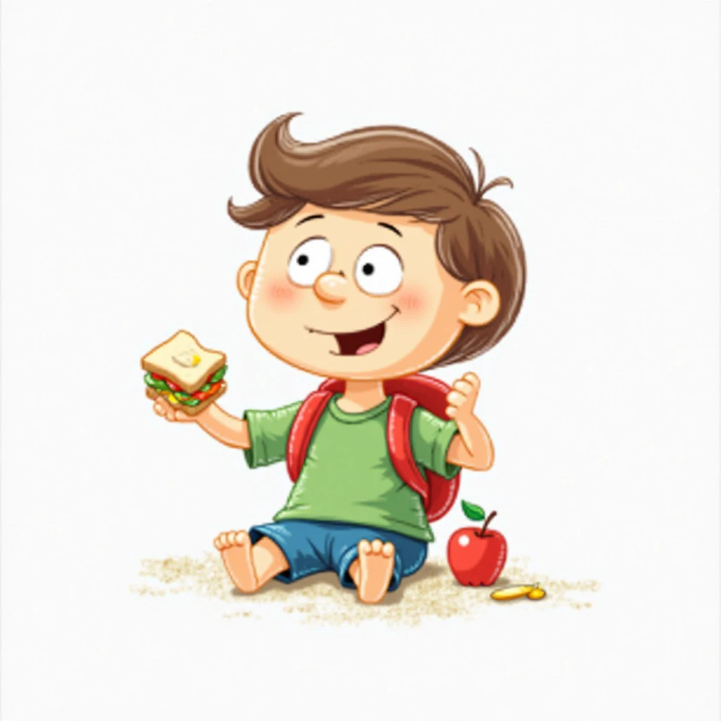 in a sunny park, A is eating a pink cookie. El niño tiene barba and está vestido con ropa de adulto. Although the child is a little towards the back of the scene, His figure stands out clearly. He holds a newspaper in one hand while enjoying his cookie. La imagen utiliza una paleta de colores que contrasta and se complementa con los tonos #ecba58, #935038, #f1d0a6, #0b2d7e, and #eaba08, creando una atmósfera nostálgica and armoniosa.
