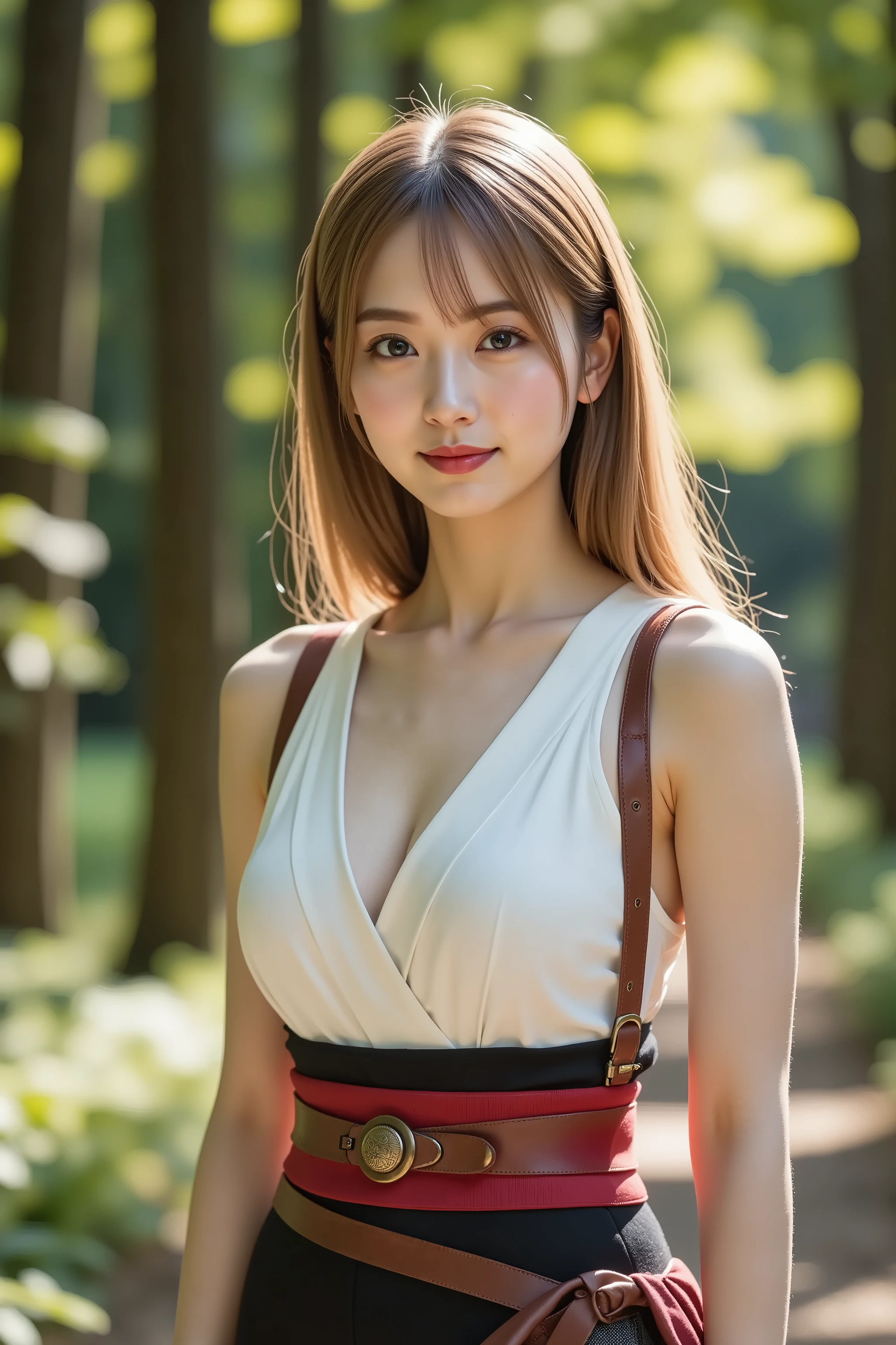 firm and big breasts, cleavage, A realistic photographic composition framed from just below the shoulder of a female martial artist standing on a sunlit forest path, ensuring her entire head is fully visible within the frame without any cropping at the top. The scene shows a forest trail lined with tall trees and dappled sunlight filtering through leaves, creating circular bokeh and leaf shadows. She wears a fitted white sleeveless wrap top of breathable cotton blend with a deep V-neckline and overlapping panels tied at the waist with a narrow crimson silk sash in a neat side bow, the fabric showing fine weave texture and drape just below the shoulder. The snug wrap top presses firmly against her chest, lifting and compressing her full, firm breasts into a dramatic deep cleavage line framed by the converging panel edges, with subtle tension folds radiating outward and specular highlights tracing the rounded contours just below the shoulders. Underneath, a black high-neck mesh underlayer peeks through the arm openings, its micro-mesh pattern visible. Dark brown leather harness straps cross her torso diagonally, fastened with antiqued brass buckles and rivets. Her right hand is raised in a defensive gesture, wearing a fingerless leather glove with reinforced knuckle plates and palm padding, the glove’s leather and metal details rendered crisply. A breeze lifts stray fabric edges and sends motes of pollen drifting along the trail. Leaf litter and ferns at the path’s edge add natural texture and color variation. Behind her, the forest path recedes into gentle blur, with fallen leaves and mossy stones softly out of focus. The composition is captured at eye level with an 85 mm equivalent prime lens at f/2.2 on a full-frame sensor, keeping the subject sharply in focus while rendering the background into smooth bokeh highlights. Natural daylight provides even soft illumination, casting highlights on fabric, leather, and foliage while preserving subtle shadows. gold hair