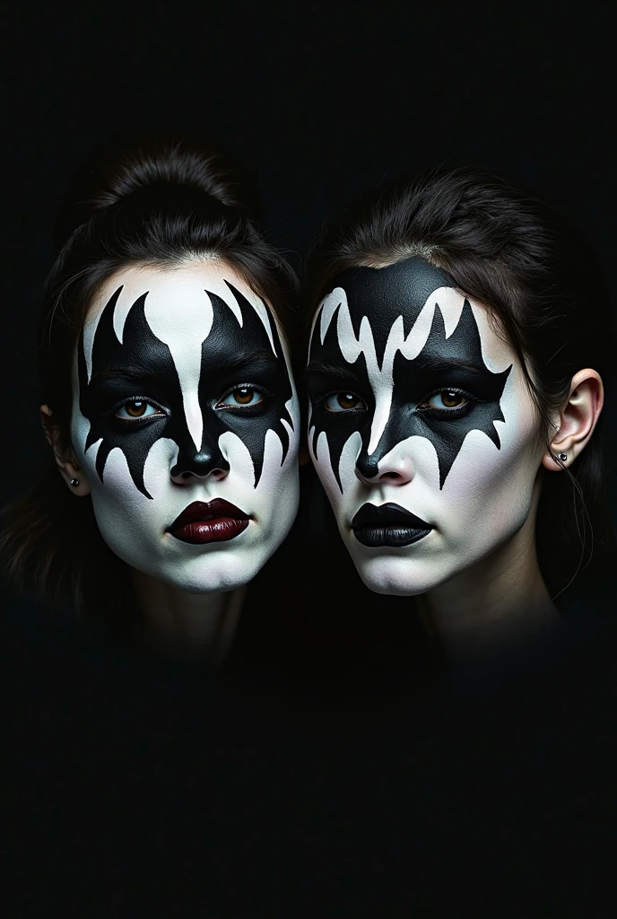 4K, Masterpiece, highres, absurdres,edg_makeup, a woman with a black and white face paint , edg_makeup on face, rockstar attire, rorckstar hair, surreal, lights on, shadows,great composition, (realistic:0.8), (((full body picture)))