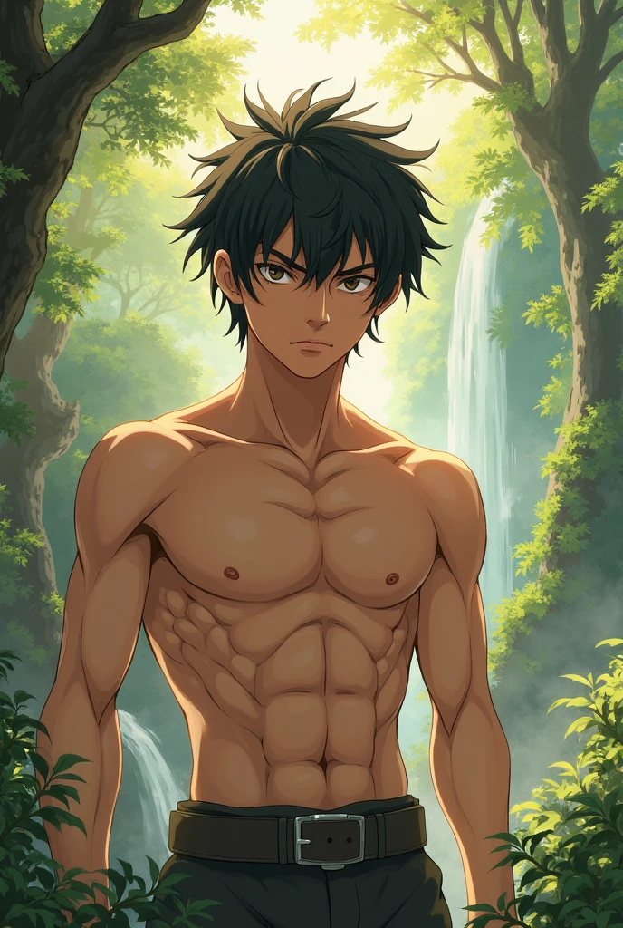 shirtless Anime guy with dark skin black hair cat ears dark and green eyes