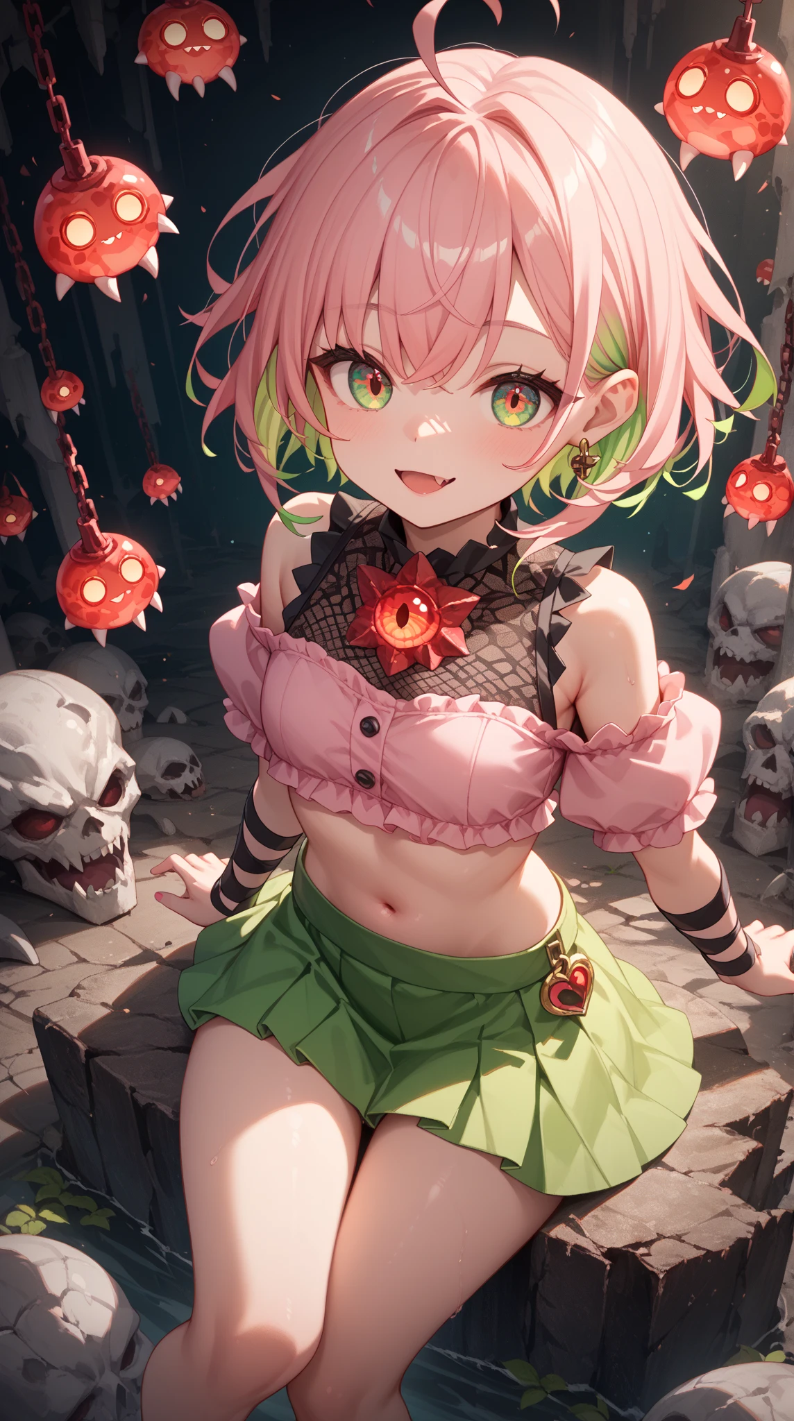 masterpiece, (((goblinriding, a goblin is riding a girl))), goblin, multiple goblins, goblins, (all fours), 1girl, (naked:1.1), (nose hook), reins, collar, chain, rope, obey, happy trance, smile, hair ornaments, expressionless, emotionless, blank eyes, empty eyes, mind control, horror, monster, glowing eyes, small breast, komeiji_satori_touhou, heart, short_hair, hairband, pink_hair, third_eye, pink_eyes, blush, hair_ornament, heart_hair_ornament, goblin gangbang