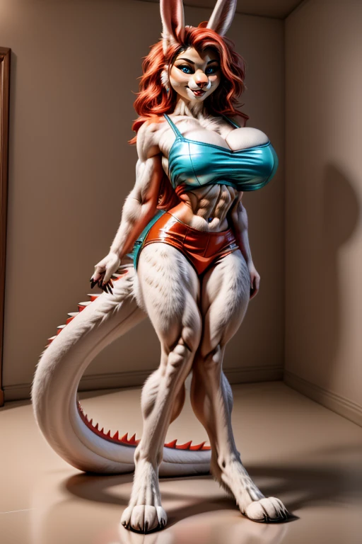 (high quality, masterpiece, realistic, 8k) solo, anthropomorphic, woman, dinosaur, milf, (highleg leotard, violet outfit), sexy, scaly, (claws:1.2), (dinosaur hands), (sharp teeth:1.3), thicc, broad hips, (muscular:1.3), hard abs, scales, (busty:1.3), (long red hair:1.5), Tyrannosaurus, fierce,(Trex_Dinosaur, therapod), (setting: modern home),