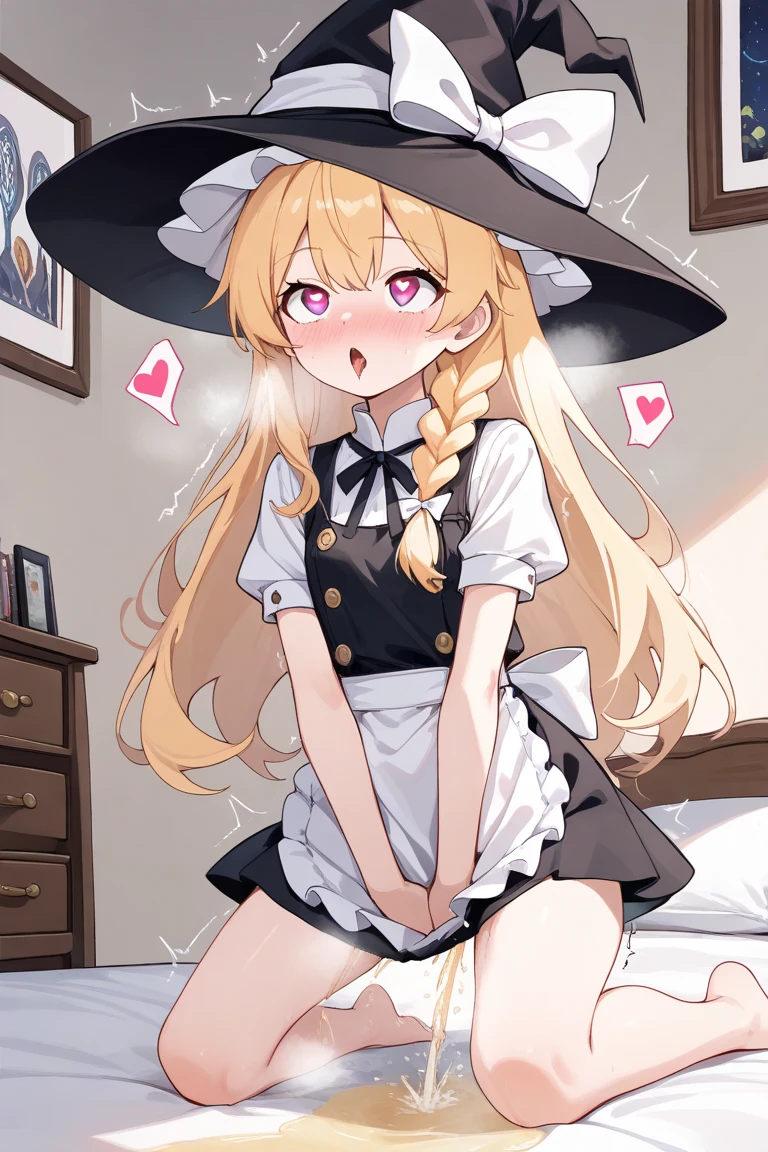 girl trembling with sexual climax,(nsfw), (1girl), (omorashi), relax, steam, heart shaped pupils, middle hair, witch, blond hair, peeing, hypnosis, bedroom, single braid, witch hat, white ribbon, black skirt, black shirt, short sleeves, waist apron, white sleeves