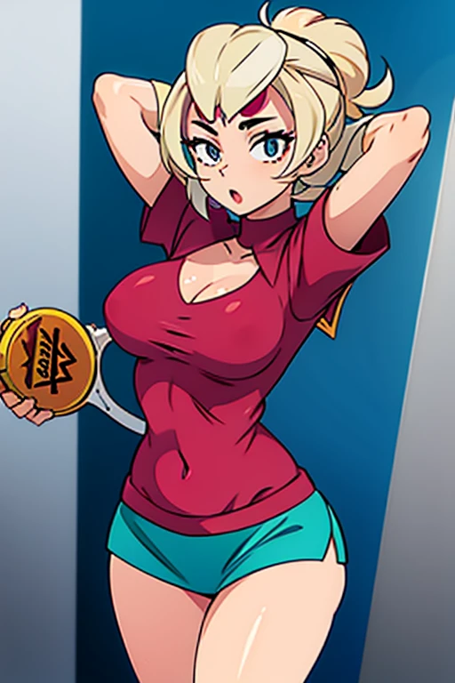 tennis girl in tight mini virgin killer sweater, panty, wearing oven mittens tucked in pockets, blindfold