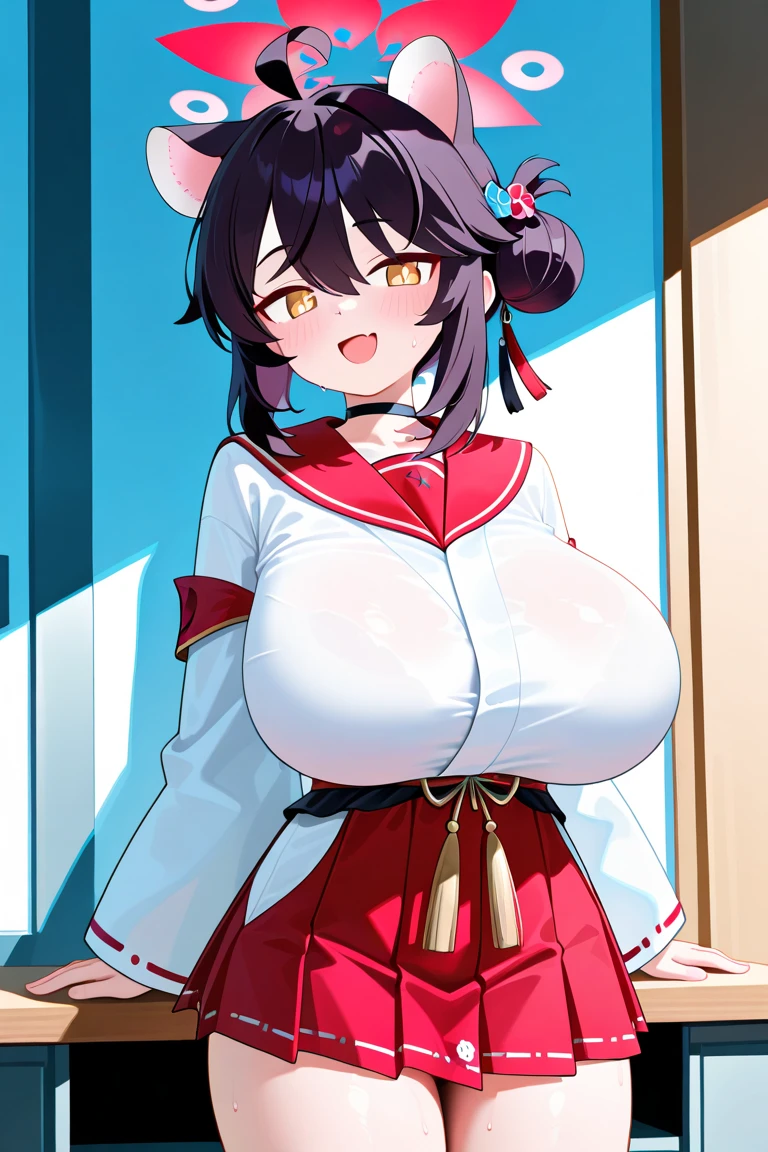 ((Table t○p, highest quality, Hi-Res Lucifer,Anime Screen Capture、Perfect Pixel, 4K)))、Perfect Anatomy、(((Huge breasts、Wide Hips、Wide ass、Thick thighs)))、Sweat, ((White kimono、Shirt open、Red mini skirt)),(Blue colored eyes)、((Twin tails、Fox ears))、((brown hair)), Red ribbon、、Shrine maiden、((((blush、Embarrassing))))、Tight clothing、:○、(Inside the spaceship)、Hands on chest