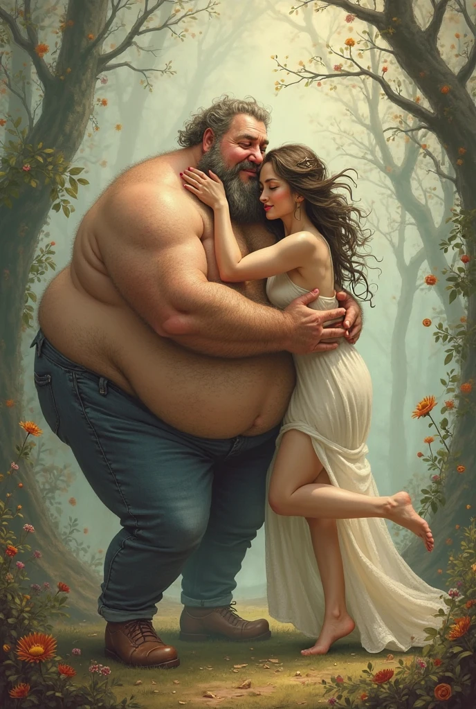 A beautiful and extremely muscular princess holds a very large man over her head with one hand. The princes is Robin Wright as Buttercup in the Princess Bride. She has long blonde hair and wears a white bridal dress and a silver crown. The man she is lifting is huge. Andre the Giant. Obese, with gigantism, much larger than her, over 7 feet tall and 500 pounds. He has curly brown hair, and sideburns but no beard. He is lying on his back, the princess’s hand at his lower back lifts him up in the air. He wears a loose gray shirt, simple blue pants and a wide leather belt.
