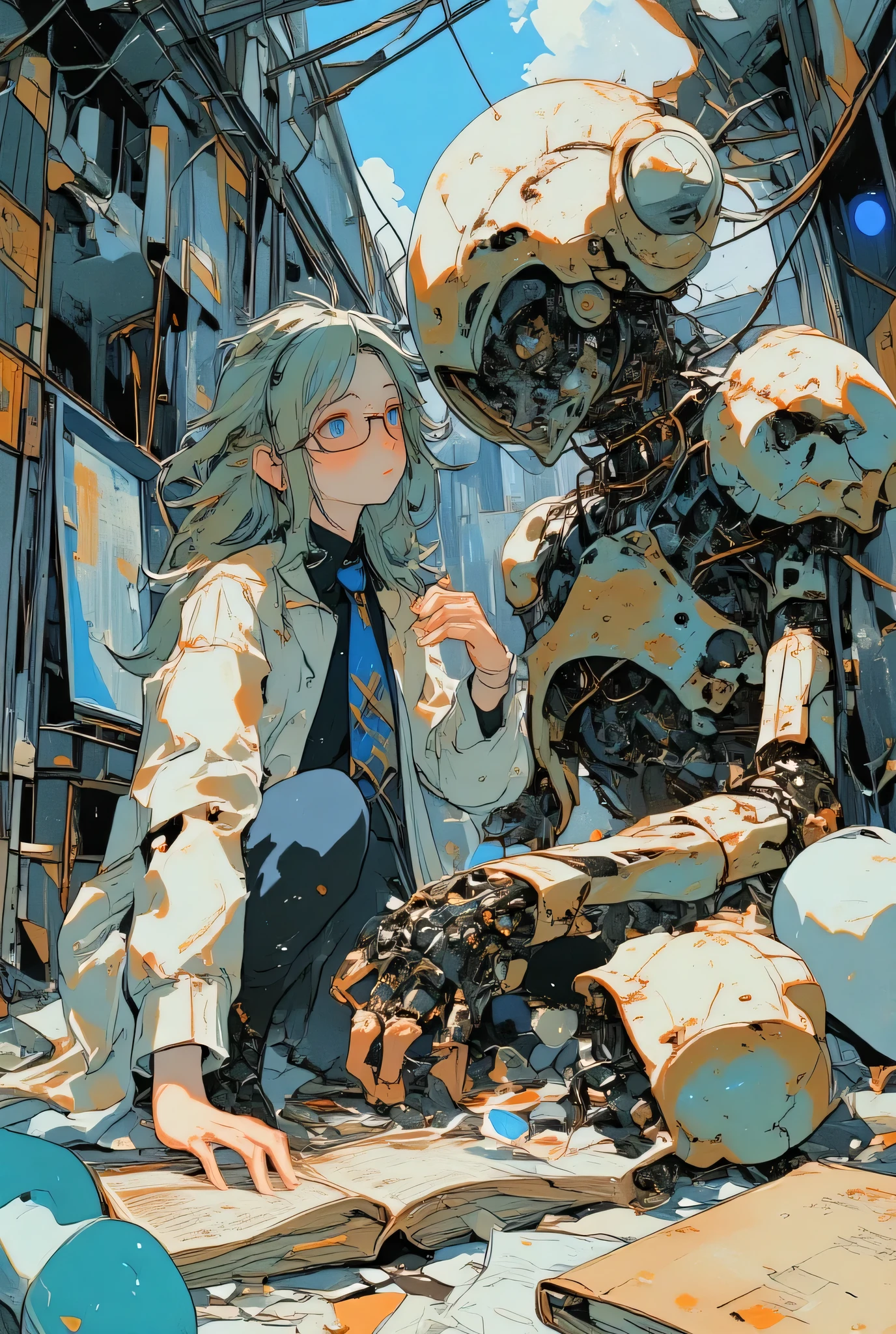 in the center of a ruined laboratory flooded with late afternoon light,
a woman with very long gray hair and glasses kneels beside a broken humanoid robot,
she wears a torn white lab coat over a navy shirt and a blue diamond-patterned tie, her hands trembling as they hover over the robot's fractured chest,
its visor is shattered, one arm missing, delicate wires spilling like veins, its expressionless face tilted toward her as if frozen in time,
the woman’s eyes are filled with quiet sorrow, reflecting both recognition and loss,
scattered around them lie lifeless limbs, glass shards, twisted panels, and faded research notes drifting in the dust-laden air,
sunlight pours through the broken ceiling like a memory trying to reach them, casting golden beams over the forgotten scene,
a worn, dusty notebook rests nearby, its cover marked with her initials — a trace of the past, of purpose, of connection,
illustrated in a hand-drawn picture book style with thick lineart and delicate watercolor washes, soft color bleeding and a textured paper feel,
the atmosphere is still and heavy, filled with unspoken questions and a longing that lingers like the last echo of a dream