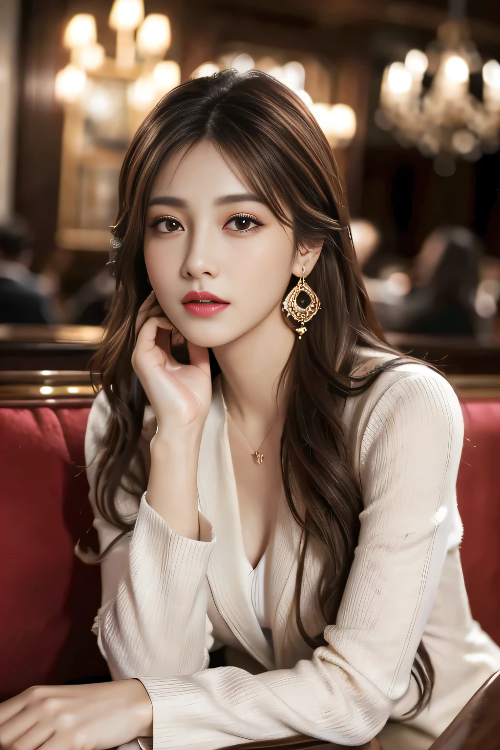 masterpiece, Highest quality, Realistic, Very detailed, Finer details, High resolution, 8k wallpaper, One beautiful woman, Wear a nice suit, In a great restaurant, At night, Light brown messy hair, Perfect dynamic composition, Beautiful and beautiful eyes、Big earrings、