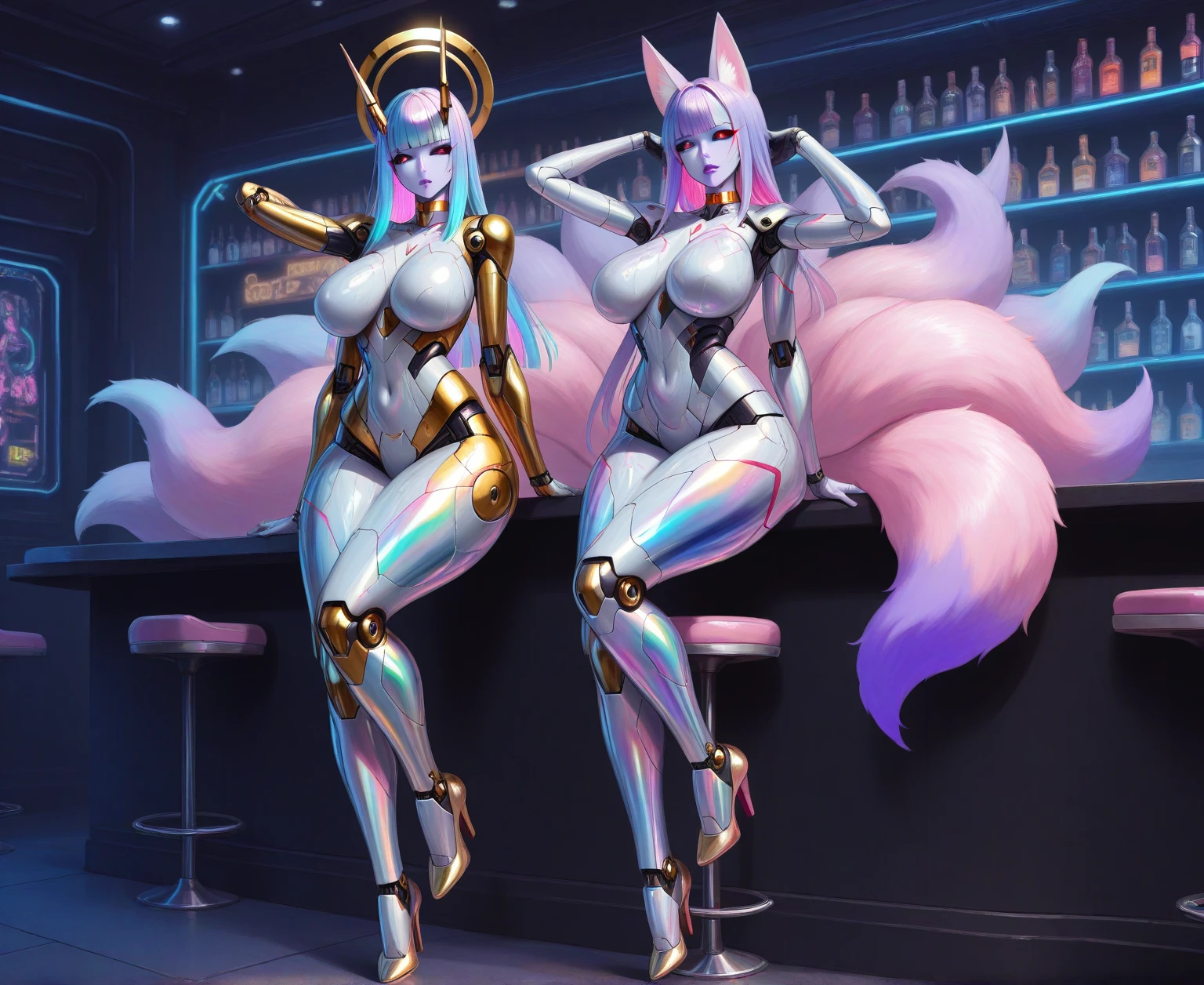 2 chicas con un bunny suit de playboy,Medias de rejilla y tatuajes en una sala gamer con LED
