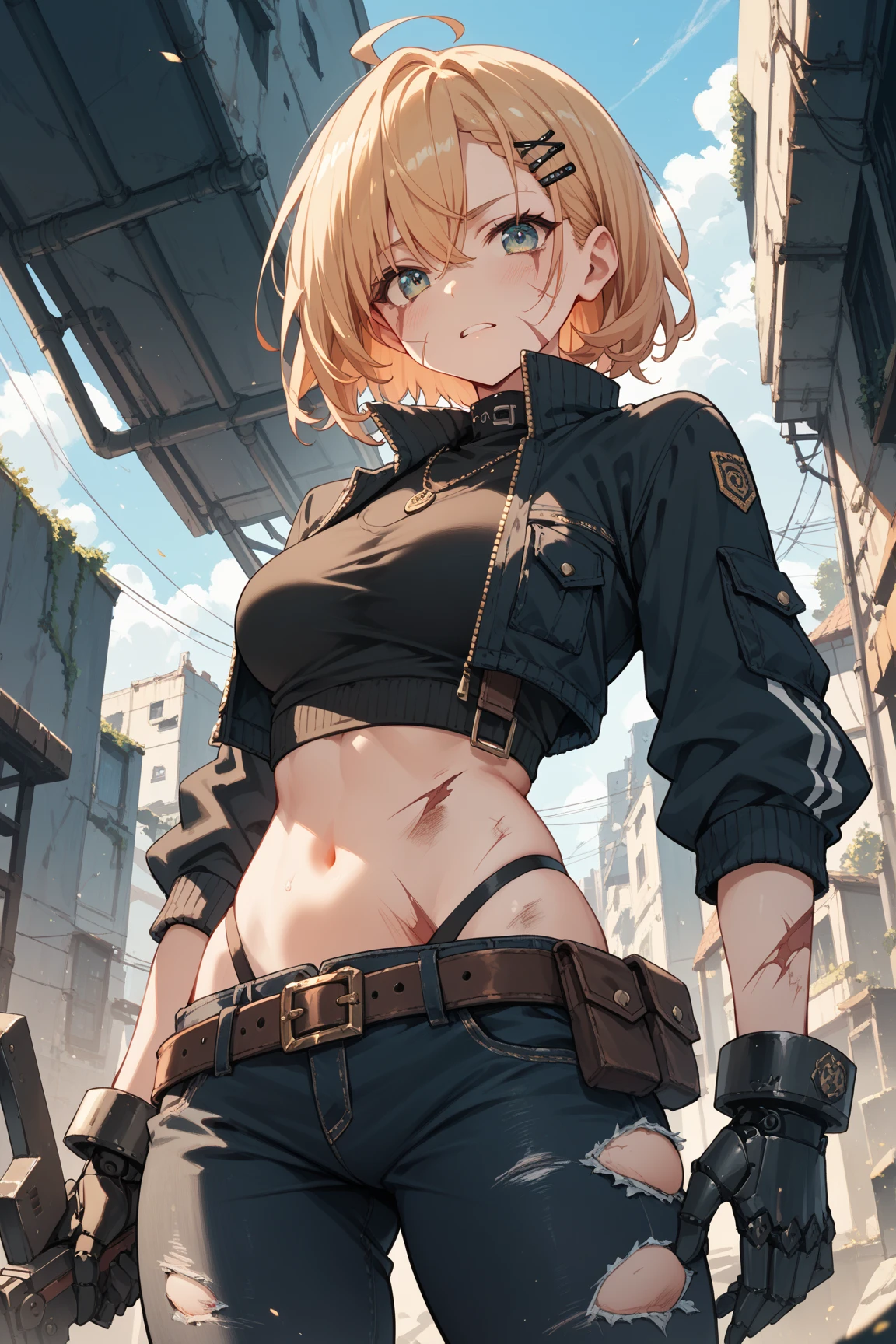 solo 1girls thick figure thick thighs size huge breast hard nipple size fat ass blue eyes tan skin short blonde messy hair wear fingerless gloves wear short crop top hoodie wear short crop jean ripped wear holster wear black stocking tight outfit holding a rifle on hands wear tactical backpack wear tactical goggle on head