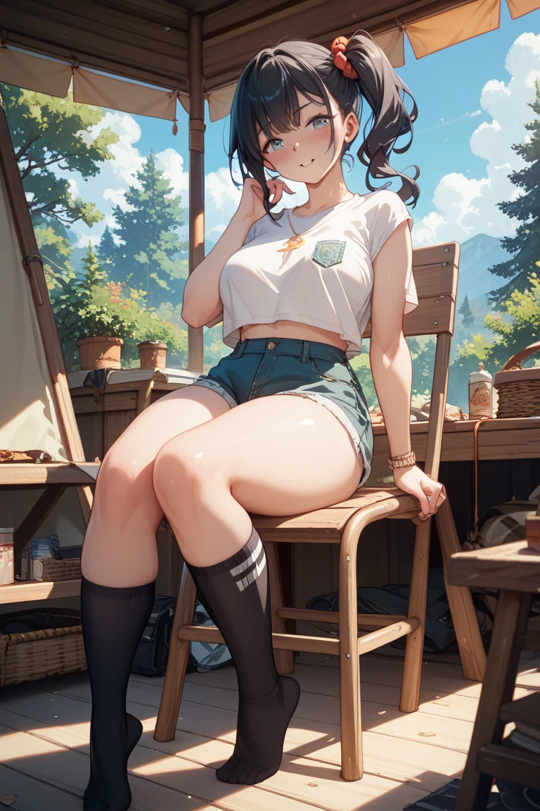 illustration of adorable young woman is sitting on seat at camping site, tent around her, she is in black long wavy hair, wearing reddish yellow tanktop, light-blue denim pencil skirt (1girl, solo, full body), (masterpiece, best quality, manhwa style), (expressive eyes, perfect face)