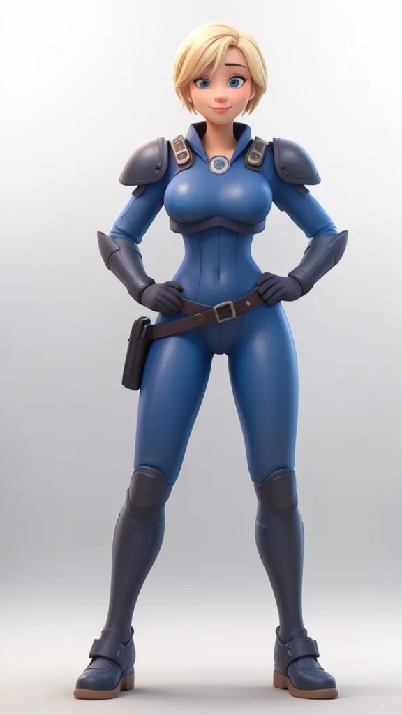 There is a 3D image of a woman, dressed in a suit, teal skin, suit with blue inserts, Blue corset, Blue Scales, covering the chest, cyberpunk outfit, Bodysuit with metallic blue color, Gothic cyber suit, Dystopian sci-fi outfit, laserpunk full jumpsuit, Leela&#39;s outfit, Cyberpunk outfit, with blue skin, light blue skin, Mechanical punk gear