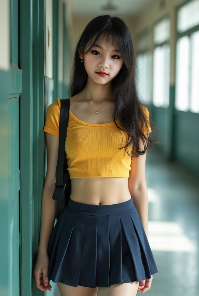(masterpiece:1.2), (realistic, photo-realistic), raw photo, 8k, minju, purple hair, light smile, (upper body:1.1), (detailed face:1.2), (yellow shirt:1.2), (black skirt:1.1), slender body, proportional body, small waist, park <lora:mjftwv2:0.75>