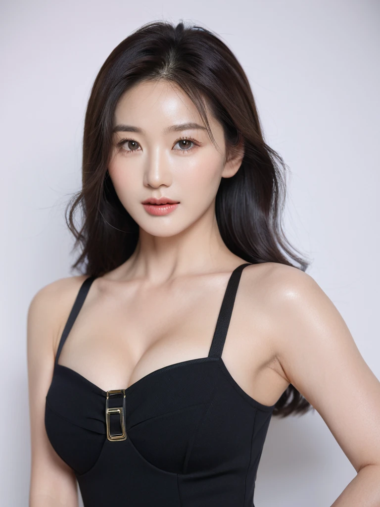 ((best qualtiy、8k masterpieces:1.3))、foco nítido:1.2、(ultra beautiful faces:1.0)、(shinny skin:1.0)、photos realistic、A dark-haired、Video Lighting、High-definition eyes and face、Video Lighting、(Korean Cute Actress)、from the front side、medium large breasts、ssmile、Sleeveless、Slender Abs Beauty、Wearing a tar neck knit