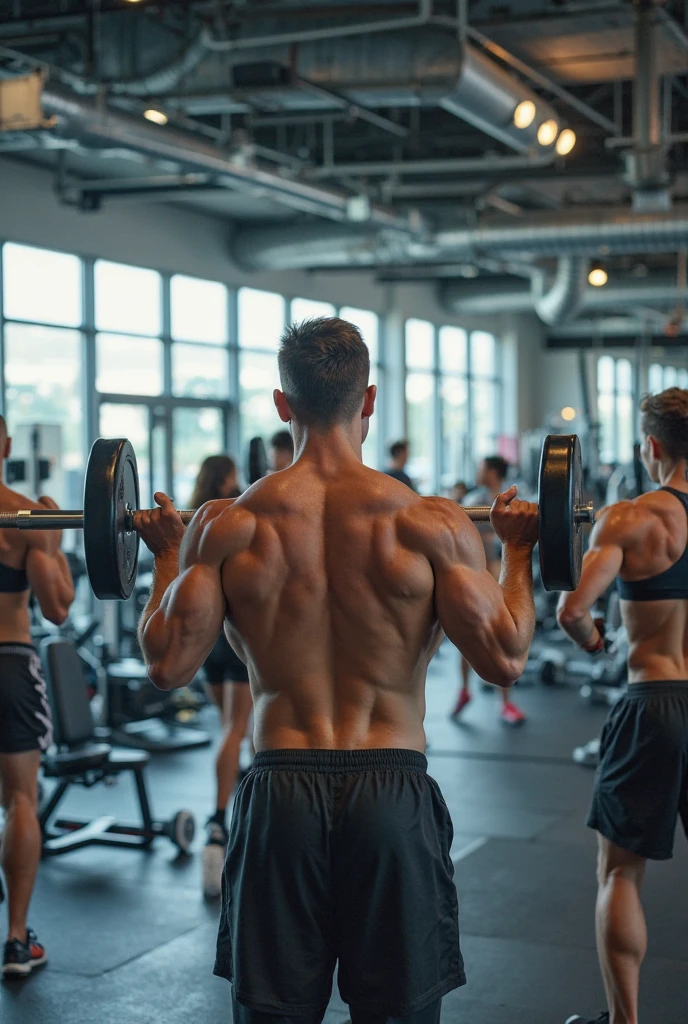 Two teenage boys upping dulmple at gym