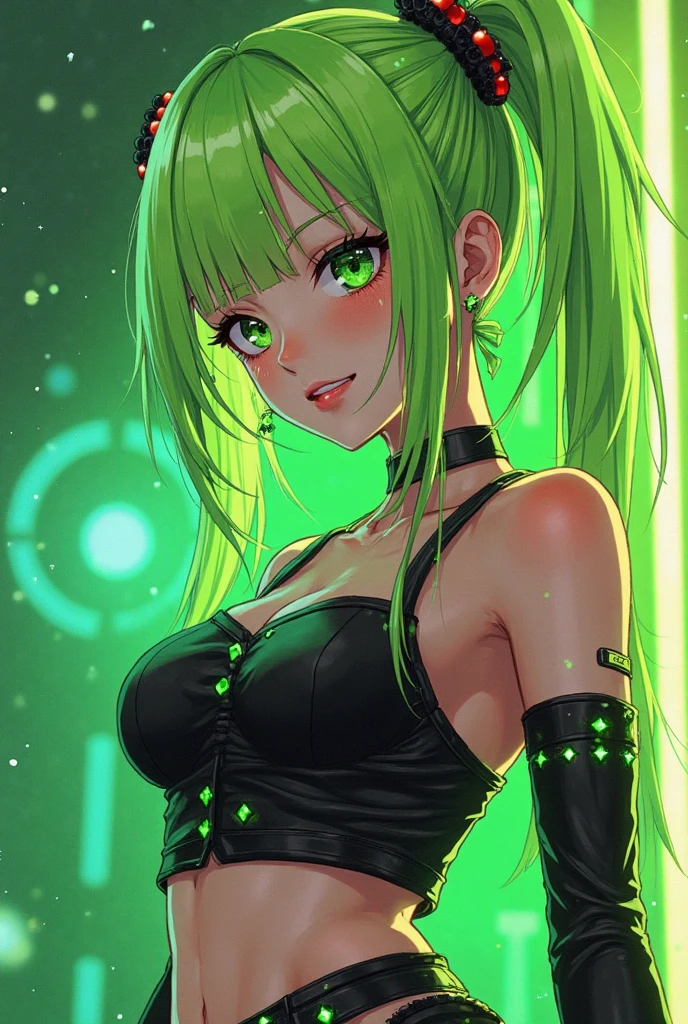 (masterpiece, best_quality, ultra-detailed, immaculate:1.3), epic, illustration, render, volumetric lighting, welcoming, Finger Lime entity, see-through gossamer, , in Japan, striped elbow gloves, neon green color scheme, multicolored hair, bombshell hair, rainbow hair, half updo,Blowout Curls, upside-down<lyco:EnvyRadioactive01-sd15-d:1><lyco:EnvyElegance:0.3>