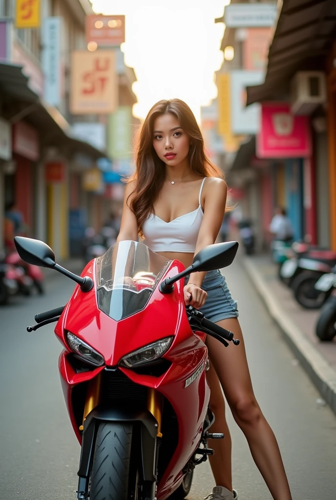 arafed woman in a tan dress sitting on a platform next to a motorcycle, sexy girl, thawan duchanee, cindy avelino, trending at cgstation, motorcycle, dilraba dilmurat, motorcycles, sexy pose, anime thai girl, sexy-s 100, instagram model, sitting on a motorcycle, motorbiker, dang my linh