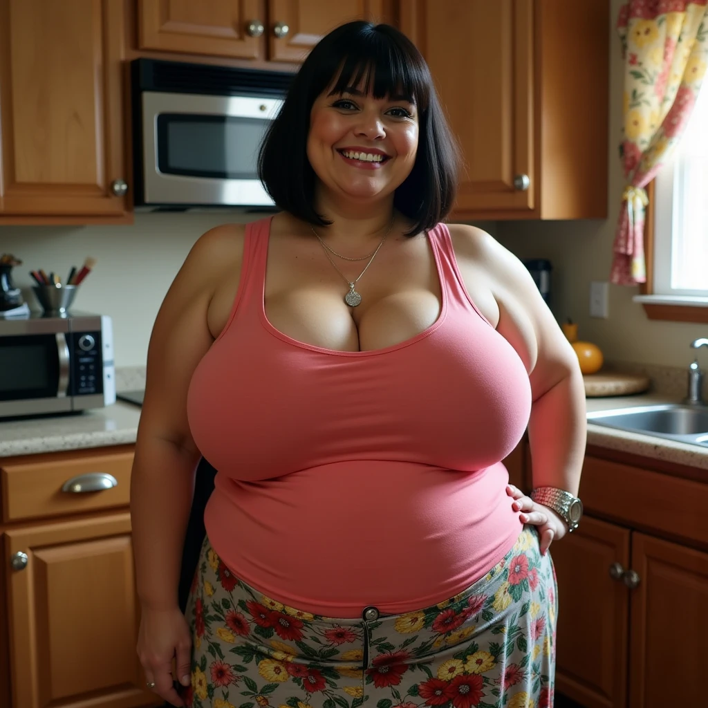 cleavage, scoop-neck t-shirt, (big giant enormous oversized massive huge colossal breasts:1.5), (gigantic sagging breasts:1.5), symmetric breasts, (extremely very long full big hair)