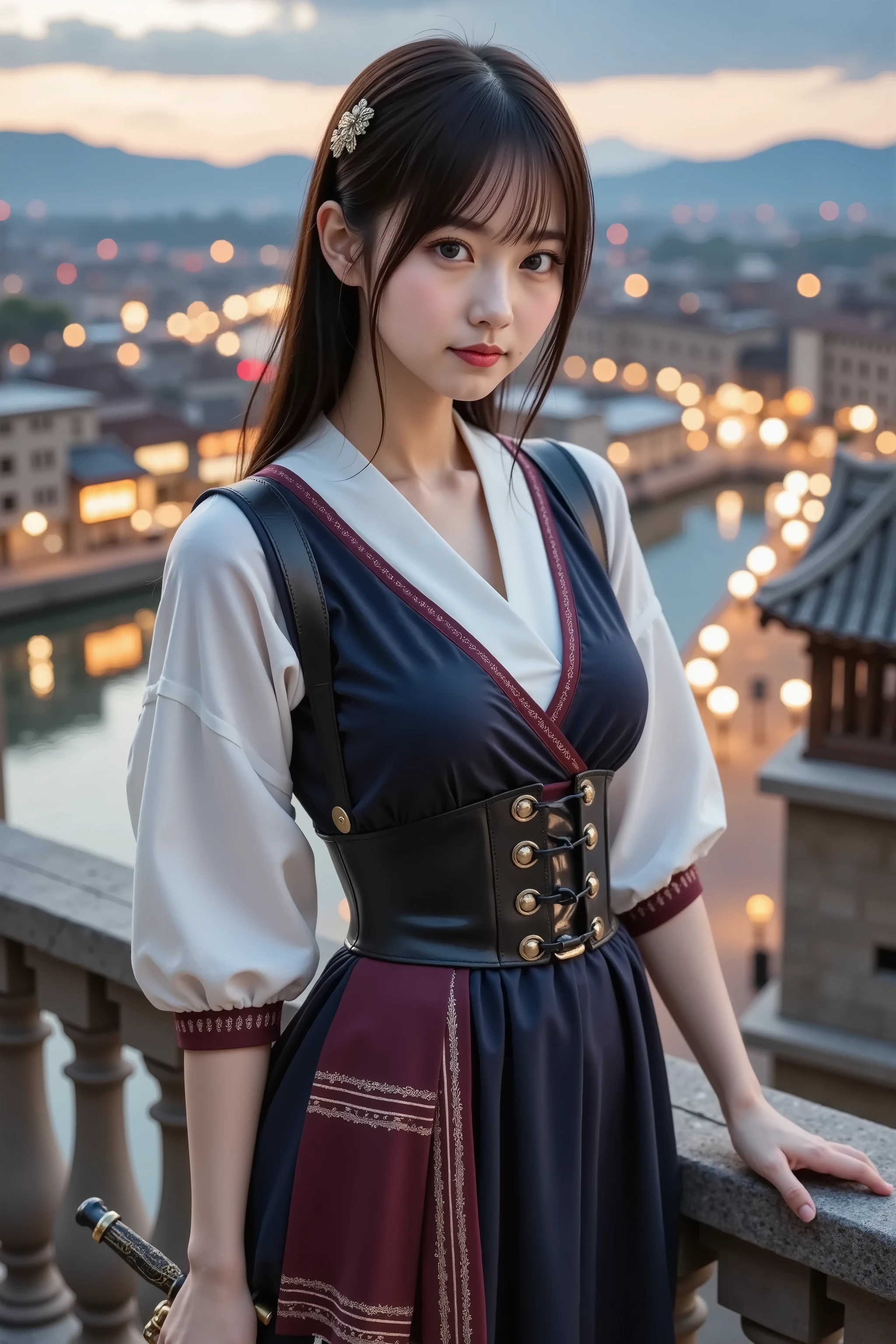 firm and big breasts, cleavage, A realistic photographic composition framed from just below the shoulder of a female subject standing on a weathered limestone balcony with carved balusters overlooking a sprawling cityscape at dusk, ensuring her entire head is fully visible within the frame without cropping. She wears a dark navy cotton kimono-style wrap top with a deep V-neck crossing just below the shoulder, showing fine weave texture. The snug wrap top presses firmly against her full, firm breasts and creates a dramatic deep cleavage line framed by the converging panel edges, underbust seams lifting and supporting each rounded curve with natural tension folds that catch warm dusk highlights. Over it, a black leather corset harness with burgundy edging contours her bust and waist, secured by polished brass buckles and rivets, with narrow straps crossing over her shoulders and fastening at the back. Loose white cotton three-quarter sleeves drape from under the corset straps with visible weave and raw-edge hems. A wide burgundy silk obi sash wraps around her waist and ties in a low bow at the hip, its surface showing faint gold floral motifs. Below, she wears a high-waisted dark navy pleated skirt in a subtle plaid pattern, the finely pressed pleats catching soft ambient light and the hem falling just above mid-thigh to reveal shapely legs and black thigh-high stockings with silk sheen. She holds a short steel dagger with an etched hilt in her right hand at hip level, the blade reflecting ambient light. Behind her, the city glows with illuminated windows, streetlights, and neon signs, a river reflecting shimmering points of light under a twilight sky and distant mountain silhouettes. The limestone railing and balcony floor are softly blurred by a shallow depth of field created by an 85 mm equivalent prime lens at f/2.2 on a full-frame sensor, producing smooth circular bokeh highlights. The camera is positioned at eye level to maintain realistic perspective and propor