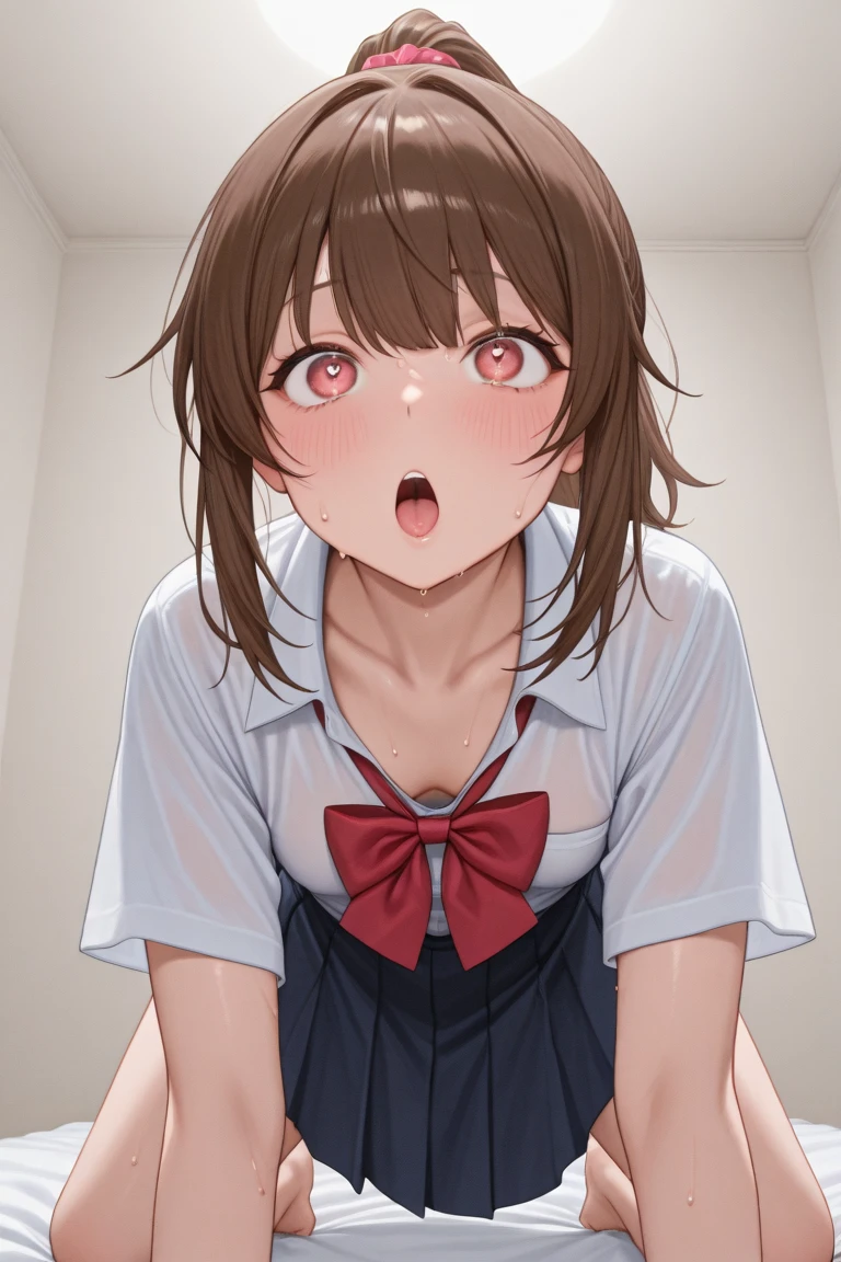 (masterpiece, best quality, ultra-detailed, high resolution, detailed eyes), nsfw, takeda hiromitsu style, {{{1woman}}}, (40 years old), pet collar, business suit, cleavage, (blushing:1.3), (open mouth:1.3), (tongue out:1.3), (drool:1.4), (breath:1.3), in heat, looking at viewer, face focus