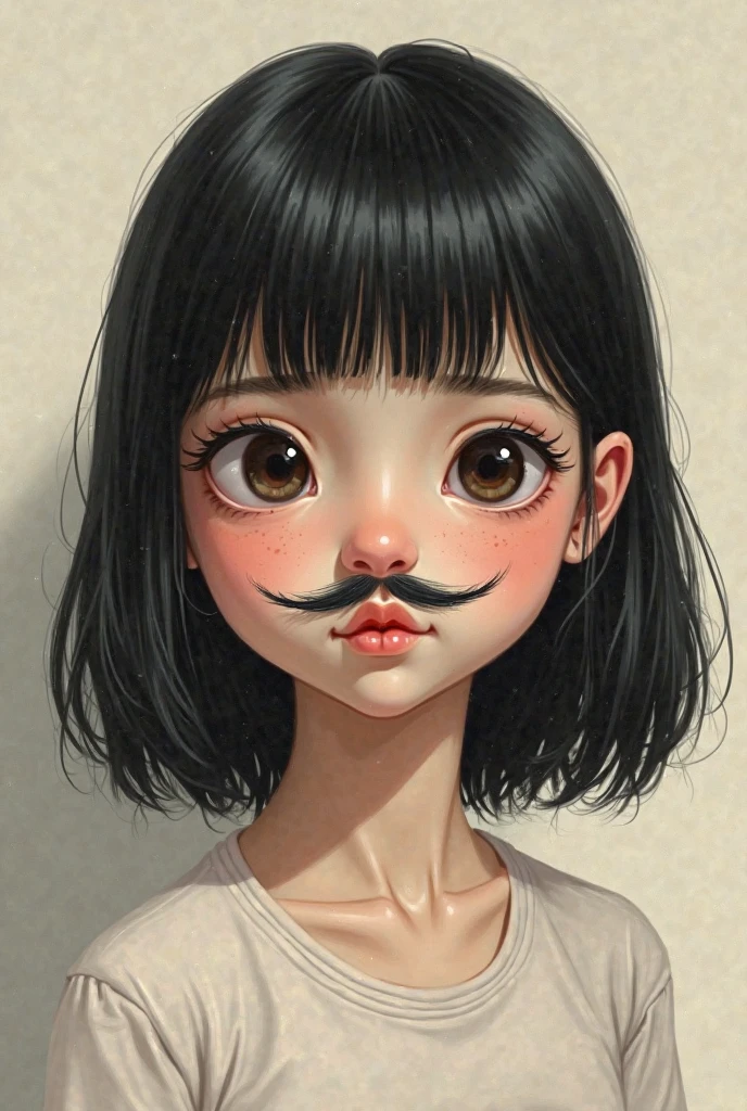 Young woman with medium curly hair, And thin mustache, with a spot on the neck, a necklace with the letter Z, not anime style/animation 