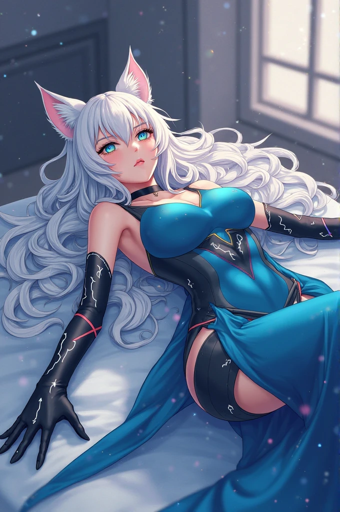 (masterpiece:1.3), 8k, ultrahd, highres, photo of a milf, leopard ears, grey hair, grey eyes, long hair with very large breasts and a very huge ass sitting down on a bed of a bedroom,(sweating) ,(beautiful scenery),(perfect face), masterpiece, blush, 1girl, solo, cleavage, smooth anime cg art, (smile:1.3), sexy body, detailed, from above, pillow, sexy pose, (black lingerie:1.6), (black stockings:1.6),