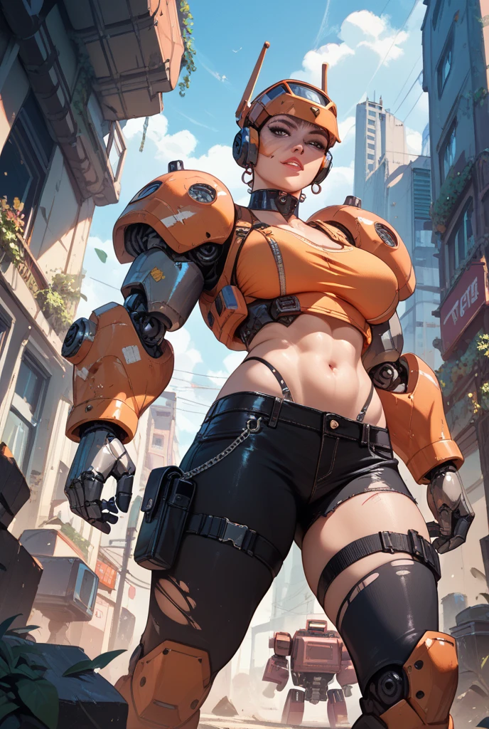 (((devilish smile))), (((red suit))), (((soviet suit))), (((short blonde haircut))), (((melhor qualidade: 1.4))), (((full metal))), (((DuneWalker))), (((Annie Lennox))), (((post-apocalypse))), (Unbeatable masterpiece), (hiper HD),(CG 8k hiper-realista), 1Girl with a gun in a futuristic world wearing modern Soviet clothes. Corte de cabelo ultra curto e moderno, perfect body with robotic parts, seios grandes, bunda perfeita, muscles without exaggeration, rosto lindo com olhos azuis penetrantes, add textures to clothes and create something different from the usual, add accessories like garter belt, espartilho e luvas com listras, pele bronzeada e com brilho de molhado, industrial environment with giant heavy machines, Intricate machinery and giant robot parts