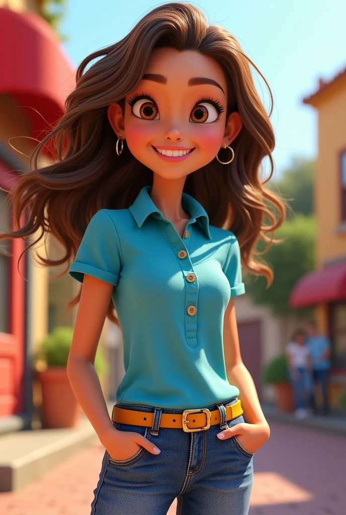 Create a 3D poster in the style of Disney PIXAR. 5 year old Latin girl, sweet, brown skin, long curly black hair, full body, blue veatido Disney princess style, brown eyes and smiles, ((all this in the Disney PIXAR 3D style, on white background, hyper-realistic details, warm color in the Disney PIXAR 3D style