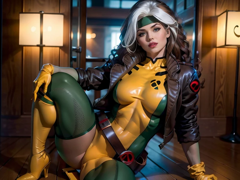 Full body shot, (Xavier Institute: 1.3), (X-Mansion), (school room), (classroom), (master piece, best quality: 1.2), playboy magazine, laying on school desk, Classic Rogue, 1 girl, Only, Rogue is a classic Southern beauty, Rogue beauty turn heads and break hearts. She is 5’ 8” and 120 lbs. She has green eyes and auburn brown hair with a distinctive white streak. long hair, perfect small breasts, smile, small breasts, brown hair, green eyes, sexy open jacket, big hair , white hair, multicolored hair, parted lips, bare shoulder blades, two-tone hair, makeup, toned, headband, tight skin, athletic female , dyed fringe, , naked, playboy photos,
Looking at the Viewer, (smsll breasts: 1.3), (petite breasts: 1.3), (perky breasts: 1.3), (realism: 1.5), (Realisitc: 1.4) , (Absurdity:1.4), 8k, ultra-detailed, Detailed Beautiful Woman, (only:1.4) , 1girl, (Viewer facing:1.2), full body shoot, sexy poses, Full body shot,