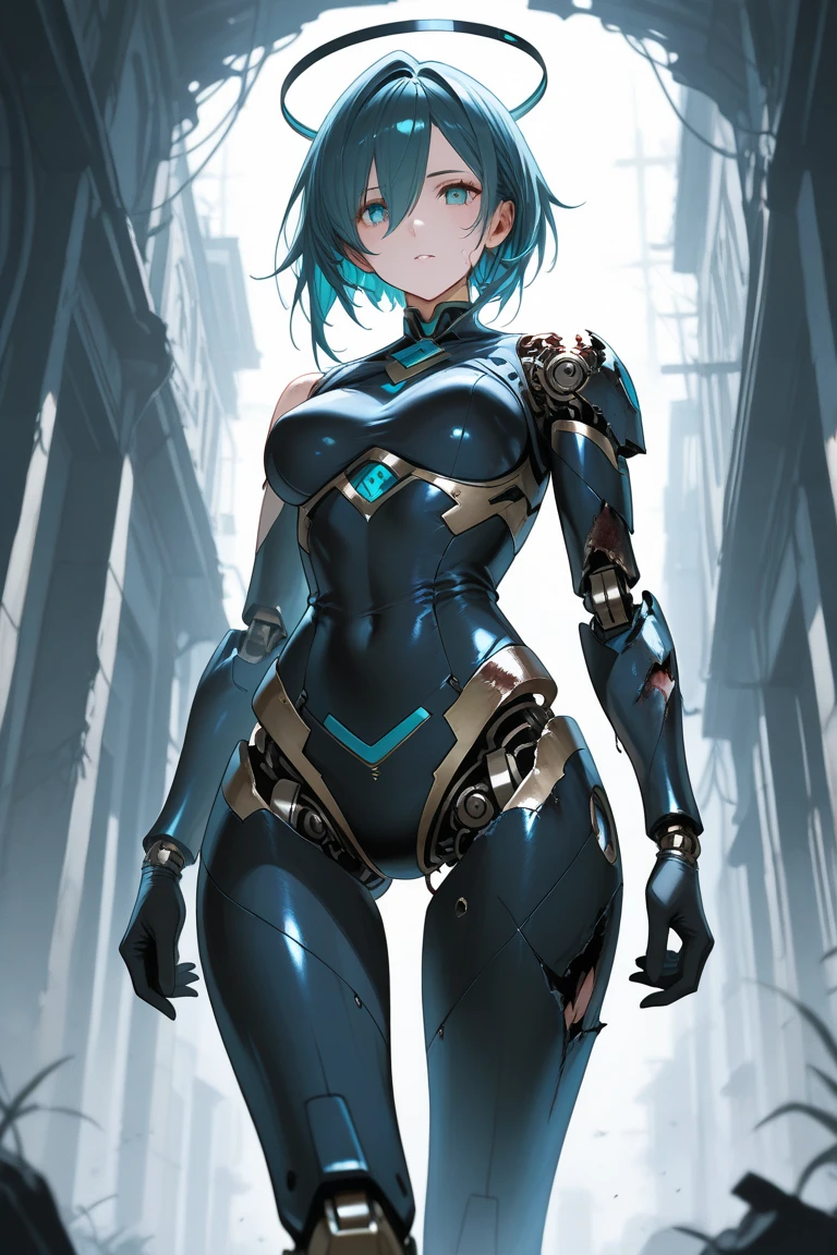 Teal hair, pussy sex slave tattoo, (hairy pussy:1.3), lifting up her shirt, sexy bra, (gigantic breasts), 4k, detailed face, anime stlye girl with large bright highly detailed gray eyes, wild short pixy hair cut hair style, wearing a blue and white skin tight long sleeve painted on top, sexy tongue, (robotic legs).