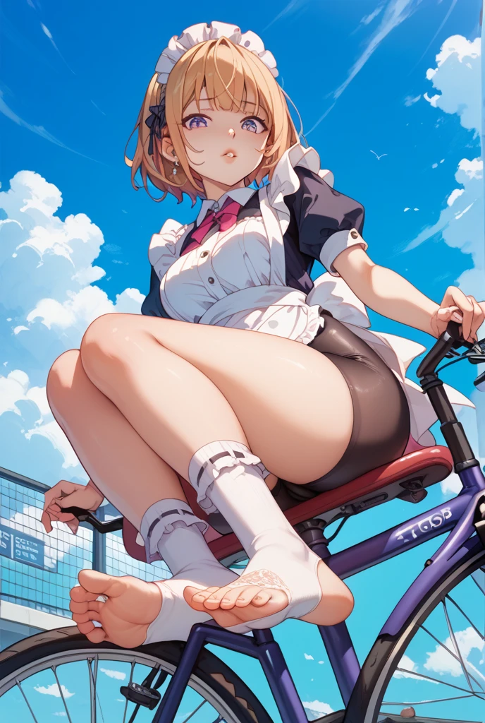 Girl,Sit cross-legged,Suspenders,shorts,sock,Shooting from bottom to top,Biye gesture,Prop up the ground with one hand,