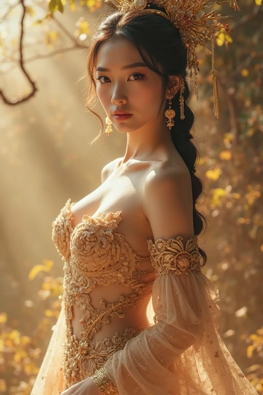 generate indonesian girl with gigantic boobs:1,9, wearing luxury bustier corset and cream color tight kebaya, tight batik long skirt, cross her hands at belly, slim waist, beautifull hand, beautifull fingers, beautifull lips, beautifull legs in front of candi prambanan, masterpiece, hyperdetail, beautifull sunset, ambient effect, 8k, raw image, full body photoshoot, professional model, sharp eyes, lens glare, solo, 1girl, masterpiece, best quality:1.2),,(8k,highres,RAW photo,realistic,photo-realistic:1.3),(detailed skin texture,detailed cloth texture,beautiful detailed face:1.25),professional lighting,photon mapping,beautiful soft light,radiosity,physically-based rendering,raytracing, model shoot style, model shoot style, (extremely detailed CG unity 8k wallpaper), full shot body photo of the most beautiful artwork in the world, (((NSFW))), (((nude))), (completly ?????))), ((nipples))