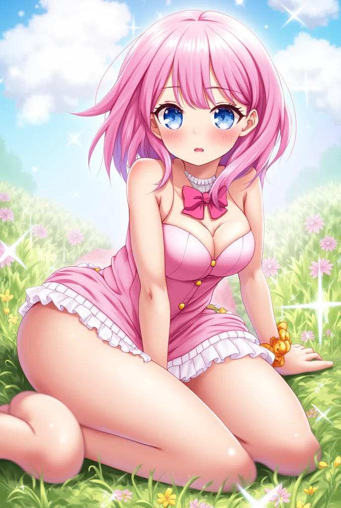 masterpiece, best quality, ultra detailed, best illustration, nsfw, 1girl, one-piece swimsuit, pussy, nakano nino, pink hair, butterfly hair ornament