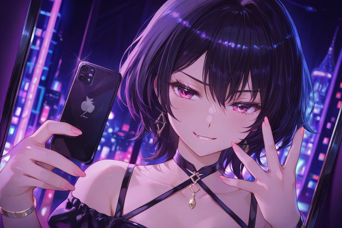 The Goth girl looks like she might be in high school, she has purple streaks in her dark hair and is dressed in all black clothing. Her breasts are small, probably a B cup. She’s playing on her phone, completely oblivious to what’s going on around her. She looks to be fairly attractive, with large green eyes and a well-shaped face.