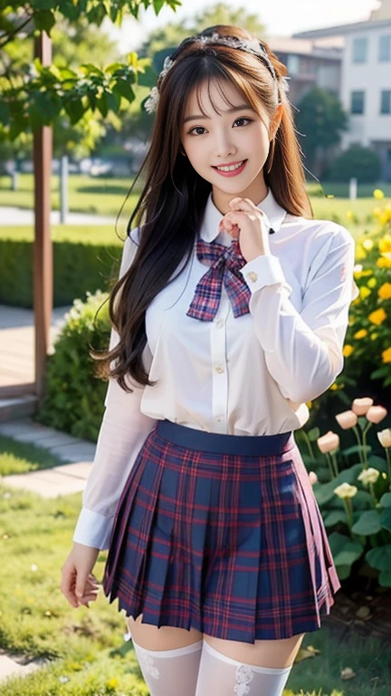 8k, Raw photo, highest quality, masterpiece:1.2), masterpiece, highest quality, figure, Very detailed, Fine details, High resolution, 8k,wallpaper, Perfect dynamic composition,(Detailed high quality, Realistic depiction of eyes:1.3)、A woman who has been and has her hands tied、Arms wrapped around his back, hands tie behind back, Leaning against a large tree on the shore of a beautiful lake、 With legs wide open、Tartan plaid pleated skirt、whole body、White panties、The whole thing faces forward、21talent、Beauty、Well-formed face、Make your eyes even、Cute eyes、Beautiful black hair、Has bangedium build、Well-balanced proportions、Beautiful legs、Blue Short Sleeve Blouse、Smiling Face、Beautiful scenery、