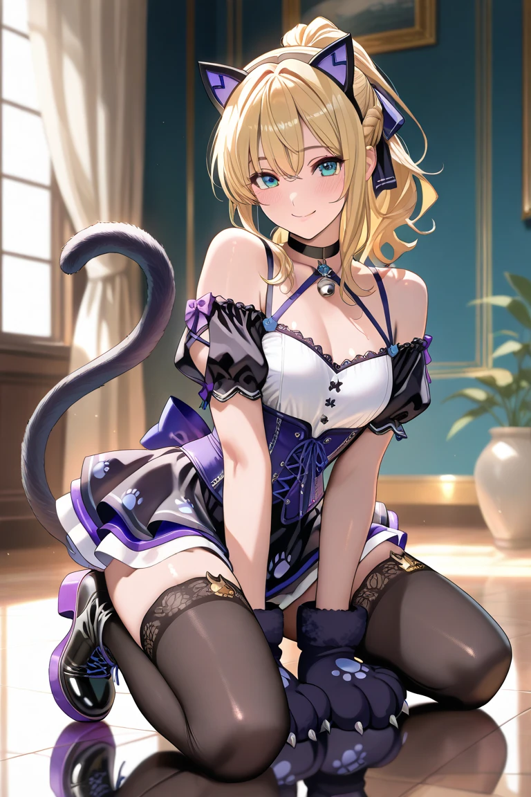 masterpiece, best quality, very aesthetic, absurdres, 1girl, mature_lady, looking at cat, a cat on her head,upper body,Lynette, animal ear fluff, Animal ears, Cat ears, facial mark, Hair Bow, Purple_eyes, Brown hair, Star, Star on cheek, bow, green bow, Leotard, Long sleeves, miniSkirt, pantyhose, top_hat,,in desert,floating_clothes
