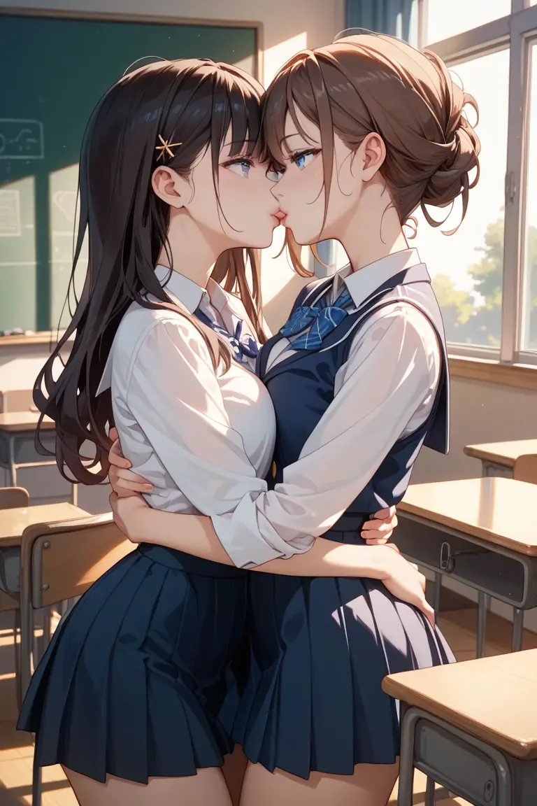 Nsfw,(high resolution:1.9)、Ultra-high resolution、Photorealistic、Highest quality、8k resolution、masterpiece、(super meticulous Skin)、2girls、yuri,ultra detailed、(best aesthetic:1.5)、classroom、White Blouse、Navy blue mini pleated skirt,(((Japanese girl)))、12years old、full body、BLACK Hair