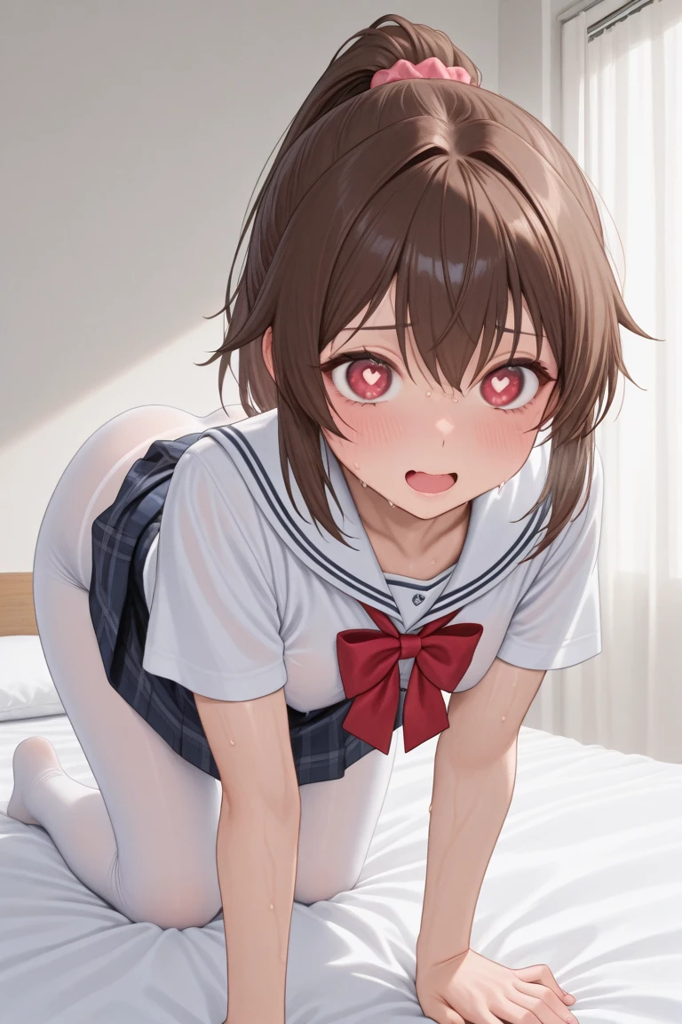 1girl, (suminoe_ako:1.3), solo, blush, closed mouth, white shirt, (red necktie:1.0), bedroom, (on bed:1.35), lying down, arched back, (brown:1.0), short sleeves, (squirting:1.5), pussy, squirting from pussy