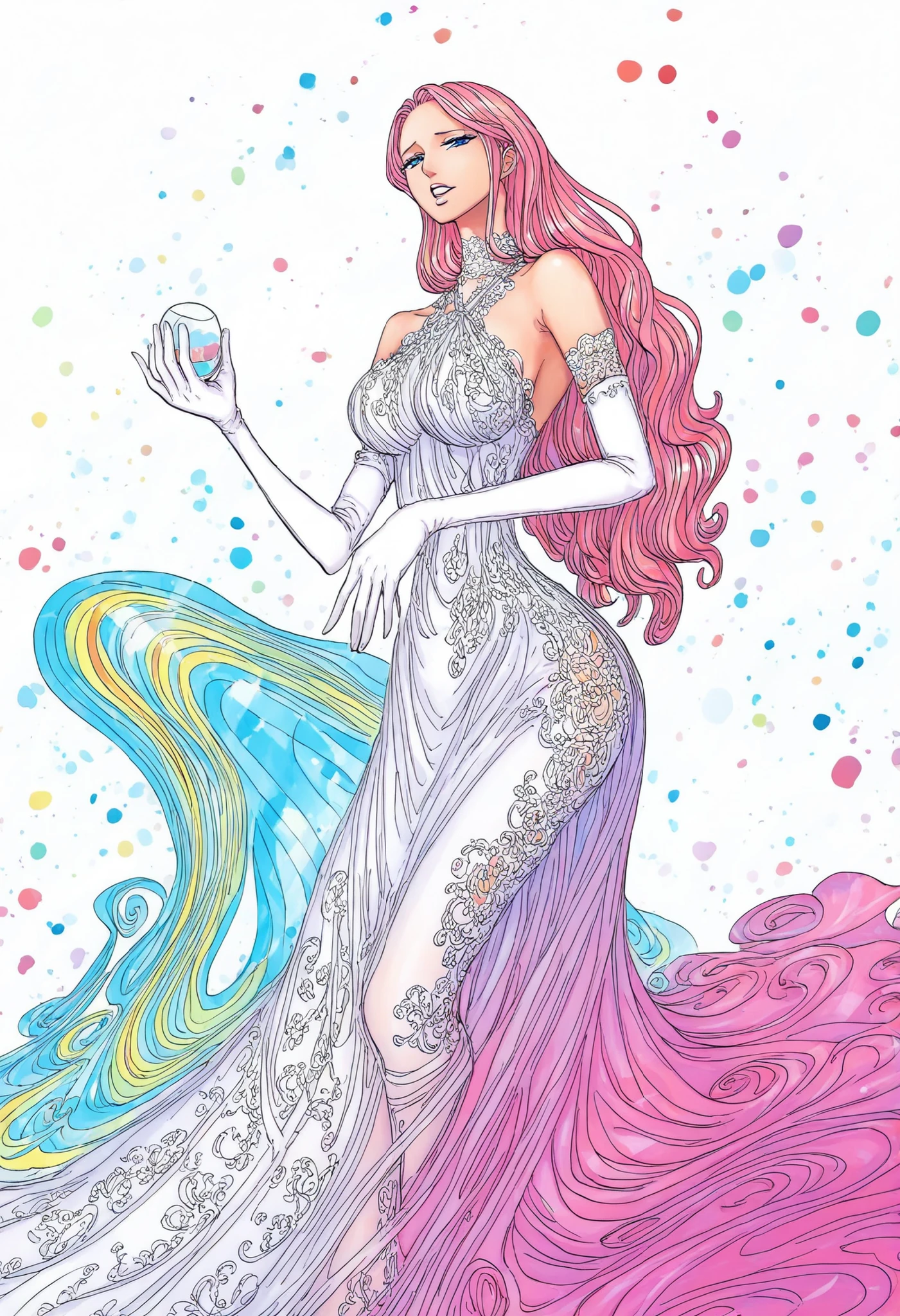 nsfw, 
( spectral glow:1.3), (masterpiece, Highest Quality, 8k Wallpaper, employment, Intricate Details, reflections), (Soft Lighting, studio shot, simple background, white background, dynamic angle, bokeh background, rating_explicit, Anatomically Perfect Hands, five fingers, beautiful), (1 girl on break day, solo, long hair, bungs, gradation of white and pink hair, blue eyes, eyes half closed , orgasm face, Middle-aged chest, wide hips, thighs are thick, parted lips, oily skin), (wearing a glass dress and glass shoes, prism long dress, Extremely Detailed, halter neck, bare shoulder, white lace elbow length gloves and tights, Dress bathed in light, prismatic iridescent luster, spectral light shines:1.3), man's hand grabs woman's shoulder from behind,