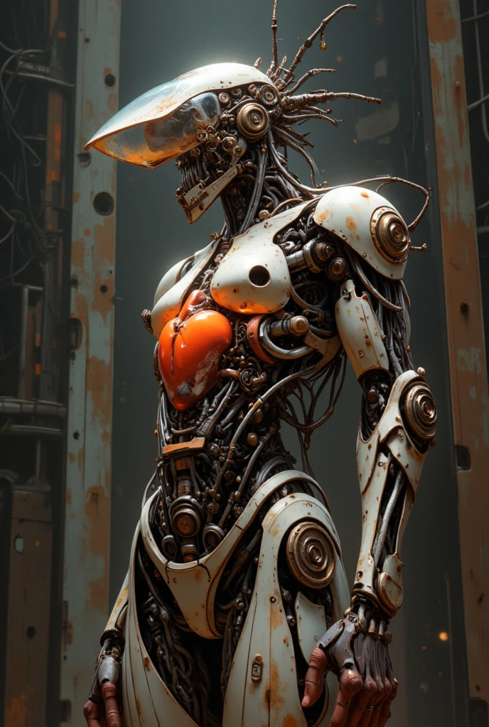 A full-length figure of a cool girl wearing a detailed steampunk armored suit. Exposed wiring, lots of cords and tubes connecting to the system.