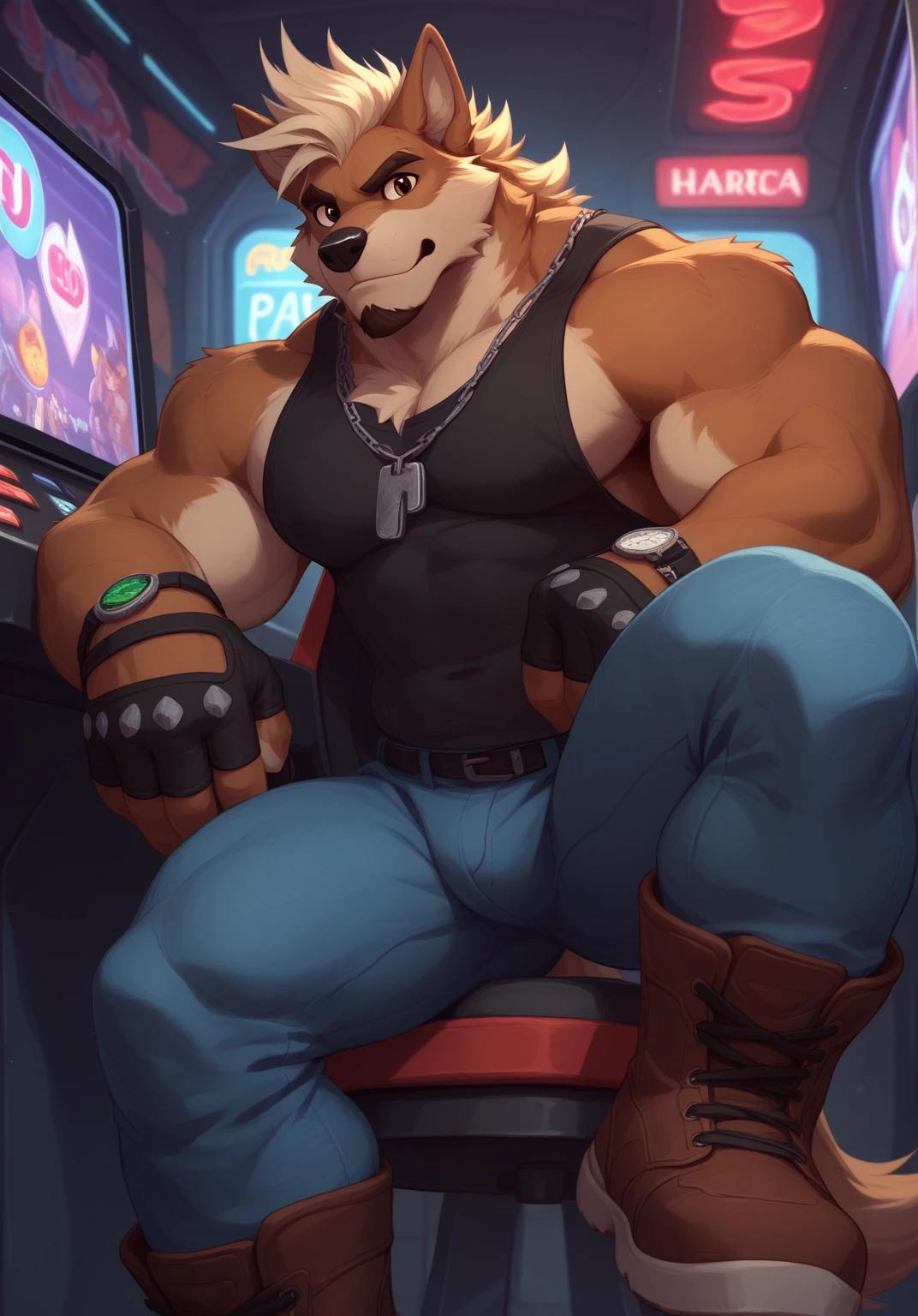 high resolution, (masterpiece: 1.4), (60 years old badger male), dilf, gray hair, brown eyes, high detail eyes, blue jeans, fly unzipped, (jeans down), huge penis, (huge testicles), erect, thick foreskin, flannel shirt, rolled sleeves, buff, muscular, big arms, wide shoulders, chubby, beer belly, retro, (retro diner:1.2), detailed backround, seated, laughing, by darkgem, by meesh,