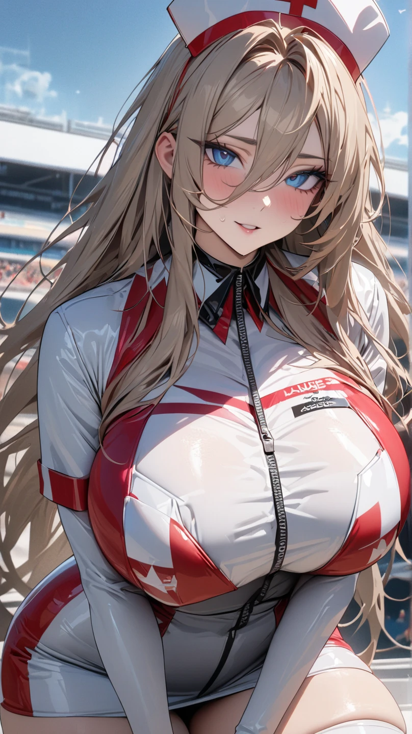 masterpiece, Best Quality,, maruzensky (Uma Musume),, red thighs, Red jacket, pleated skirt, Red skirt, choker, open jacket, white bow, open clothing, high heel boots, paved road, run, eye traces, night sky, neon, from above,, voluptuous girl with sexy clothes without blouse or bra that shows everything