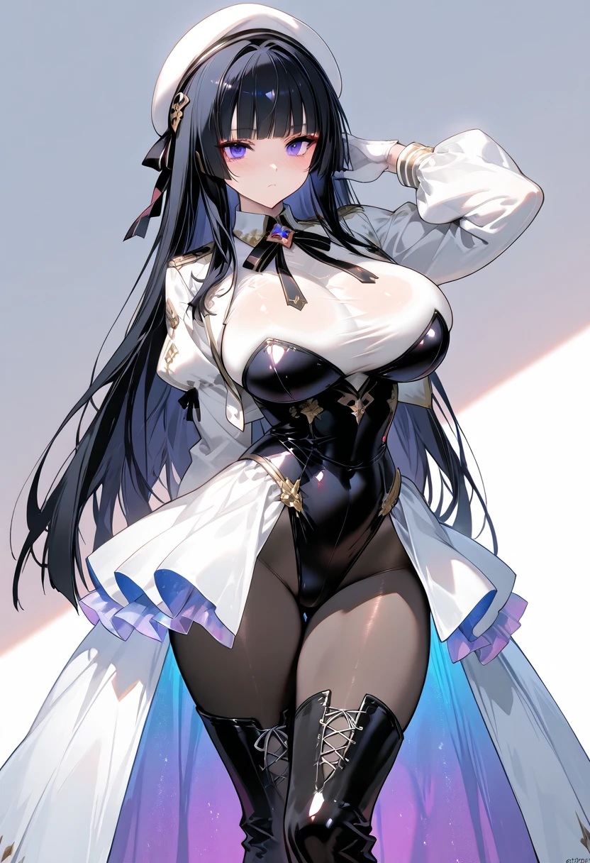 top-quality、Top image quality、masterpiece、girl with((cute little、18year old、Best Bust、Medium bust、Bust 85,Beautiful blue eyes、Breasts wide open,Ponytail with black hair、A slender、Blue hair mesh、Beautiful white full body tights、Beautiful black cloak、Black boots、Niō Standing))hiquality、Beautiful Art、Background with((Large White Room、White curtains、White lighting)),masutepiece、Elaborate design、visualart、depth of fields、The best lighting、highestdetailed、8k