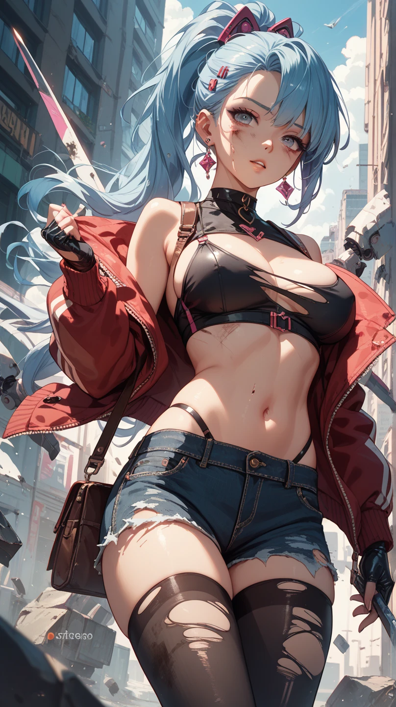A punk fashion anime girl stands in a night Alley, pink and green hair, twin tails, black leather jacket, leather gloves, pink tube top, low-rise denim pants, long leather boots,zettai ryouiki,red long boots, spike bracelet, golden choker, medium breasts, cleavage, slim body, thighs, navel, blue eyes, big eyes, drooping eyes, thin eyebrows, red lipstick, silver earrings, expressionless, tattoo, looking at viewer,cowboy shot,