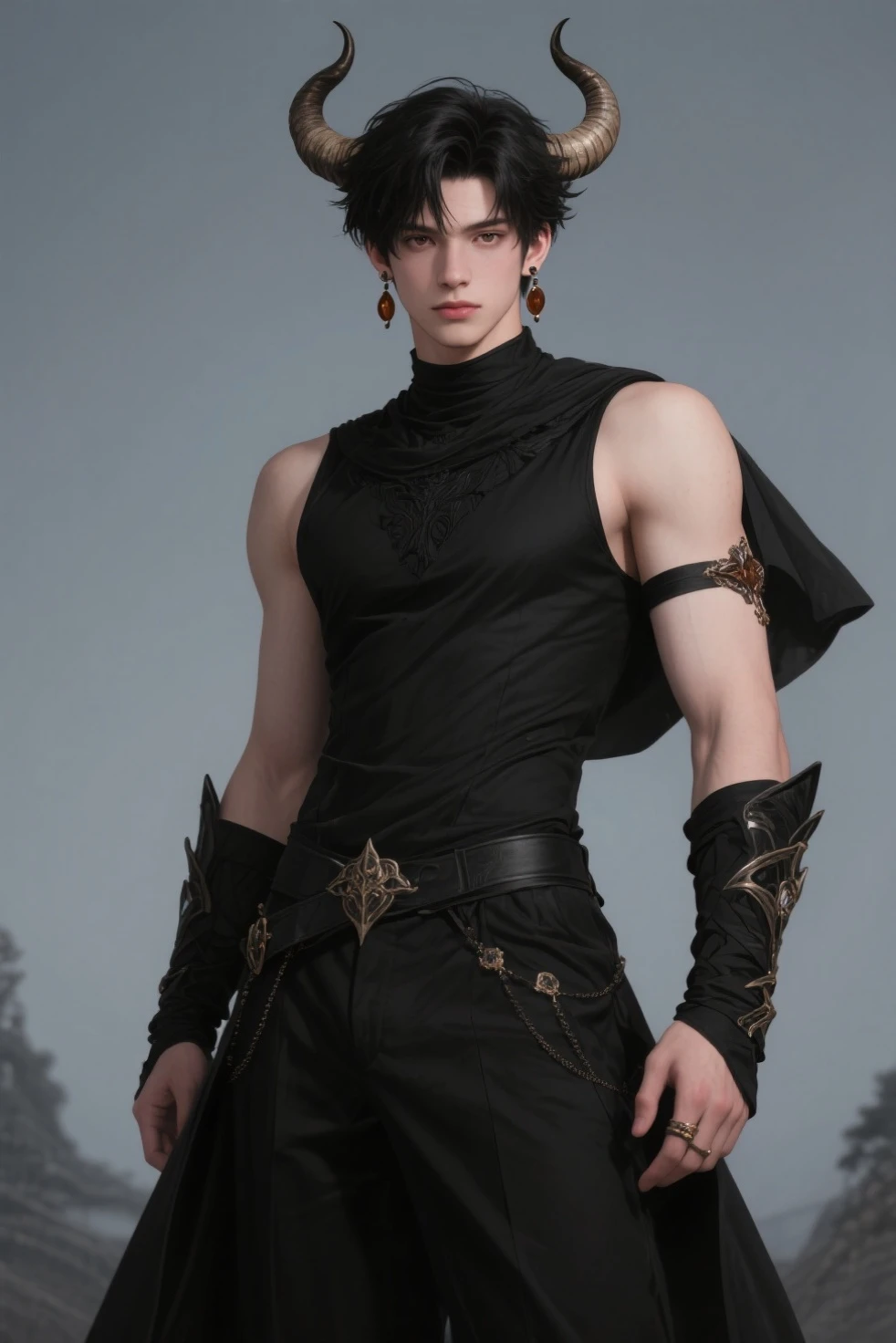 A young male warlock. Extremly pale skin. Friendly looking. Dark-brown hair with an undercut. Short dark brown hair, undercut, sides shaved. A soft round jawline. Narrow jaw. Big forehead. Soft narrow face. Big long nose. Curved lips. Upturned big eyes. Dark-brown eyes. Dark black eyeliners. Very thin, barely visible eyebrows. deep-set eyebrows. A long neck. Very slim body. Freckles and liverspots. Very pale skin. Fantasy setting. Wearing tight black trousers with chains. Upper body naked, but he wears black bracers and a necklace. Background: green meadow and a blue sky.