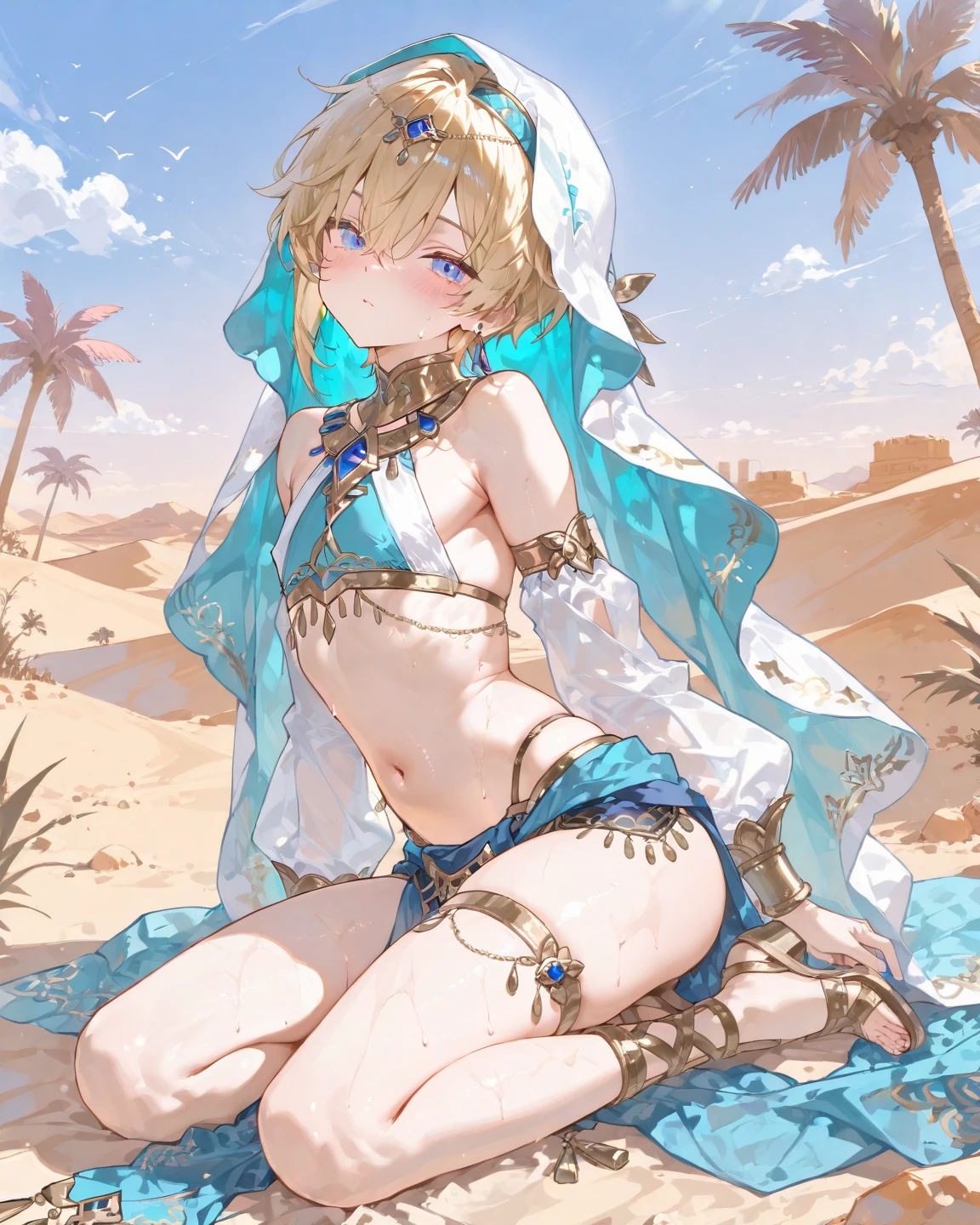 from behind, rear view, young blond boy, cute, wide hips, thighs, white pale skin, egyptians clothes, size difference, blush, shirtless, flat chest, pelvic curtain , crotch bulge, egypt background,