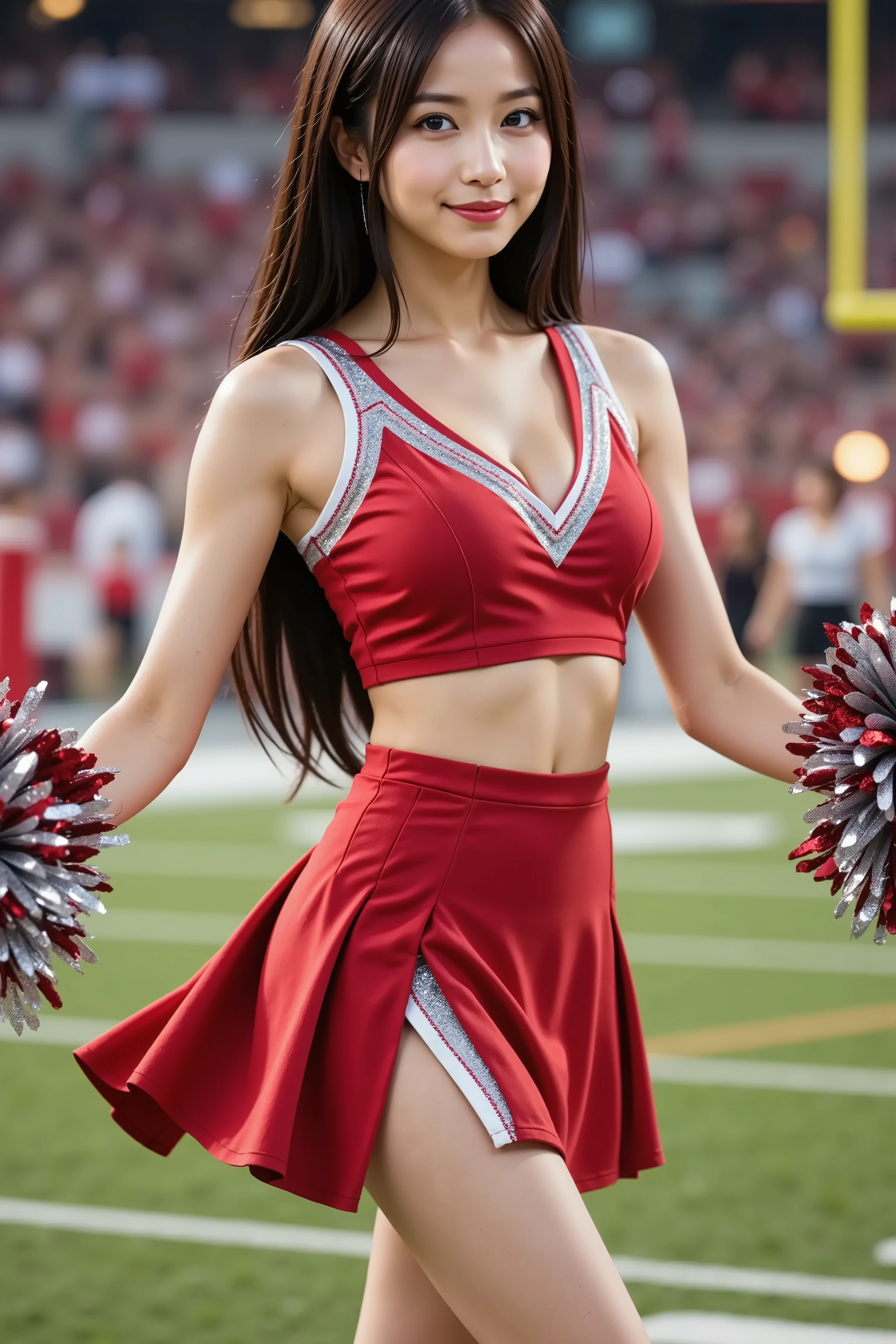 firm and big breasts, cleavage, A realistic photographic composition framed from just below the shoulders of a female cheerleader mid-dance, ensuring her entire head is fully visible within the frame without cropping. She wears a fitted sleeveless cheer top made of stretch polyester blend in bright crimson and white, featuring a sharply plunging deep V-neckline edged with crisp white piping that crosses low on her chest just below the shoulders, the fabric stretched tight across her firm, full breasts to create a pronounced deep cleavage line framed by contoured ribbed support panels and underbust seam lines, with natural tension folds radiating outward and specular highlights tracing the rounded curves. Her toned shoulders and sculpted upper arms are revealed, showing subtle muscle definition beneath smooth skin. Below, she wears a high-waisted pleated cheerleading skirt in matching crimson with white accent stripes, the waistband snugly cinched at her narrow waist and the finely pressed knife pleats flaring outward in mid-dance motion, each pleat catching soft stadium light and showing subtle weave texture. In both hands she holds metallic pom-poms composed of hundreds of narrow silver and crimson foil streamers, individual strands captured mid-swish reflecting bright overhead lights and creating dynamic highlights and soft motion blur. Behind her, the background reveals a packed stadium with cheering fans, waving flags, and colorful paper confetti drifting down in gentle spirals, all softly blurred by a shallow depth of field created with an 85 mm equivalent prime lens at f/2.2 on a full-frame sensor, producing smooth circular bokeh highlights from scoreboard and field lights. The football field yard lines and white goal posts appear as soft linear highlights in the midground. Evening stadium lighting provides even, flattering illumination, casting crisp highlights on the polyester, skirt pleats, pom-pom foils, and skin contours while preserving gentle shadow tra
