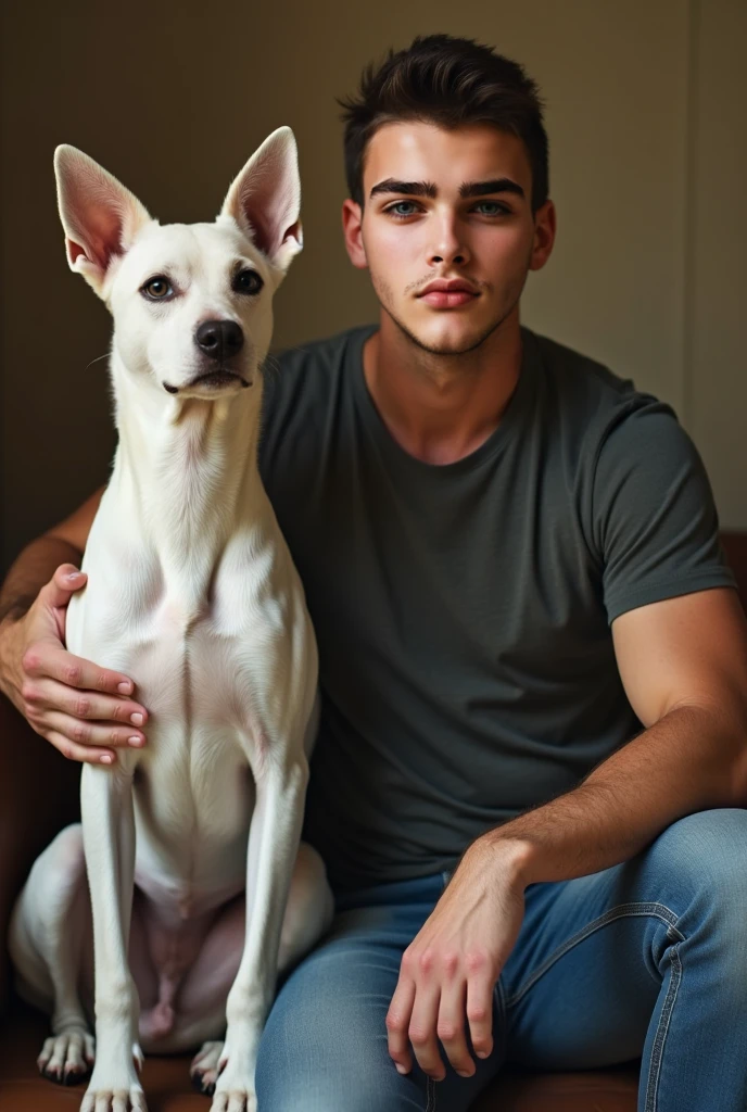 top quality, best quality, High-quality illustrations, masterpiece, super high resolution, theater lighting: 0.7, high res, depth of field, detailed background, beautiful male, young guy, 23 years old, brown short hair, fit build, green eyes, well-groomed, has a neatly trimmed beard, Effortless charisma, closeup, lying on the couch topless and kissing a puppy